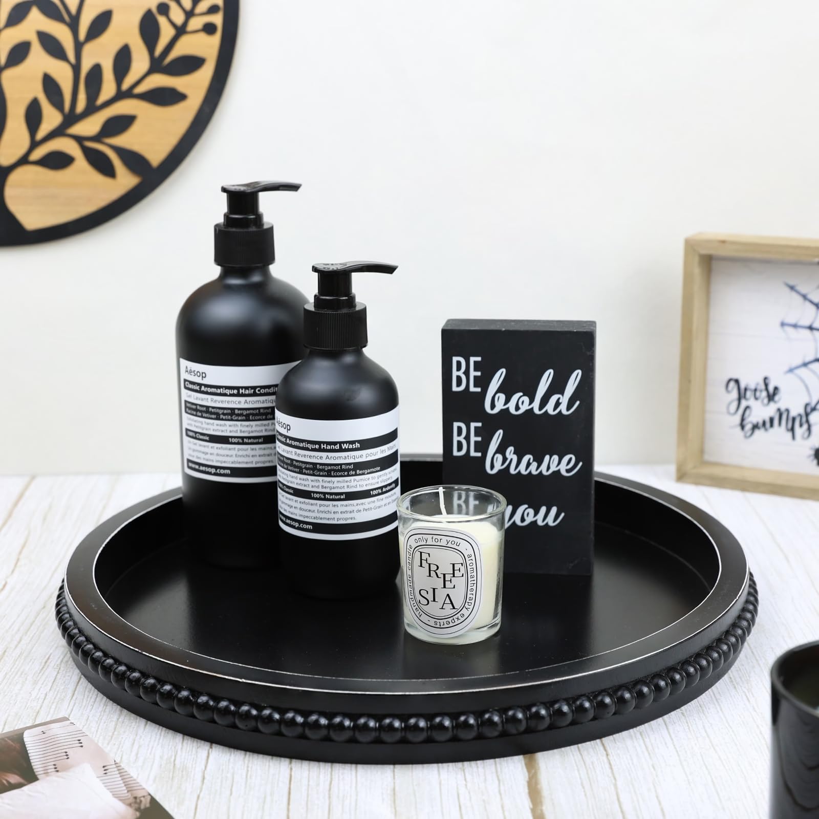 Round Wood Decorative Ottoman Tray for Coffee Table Kitchen Counter, Living Room, Handcrafted Wooden Serving Tray for Table Centerpiece