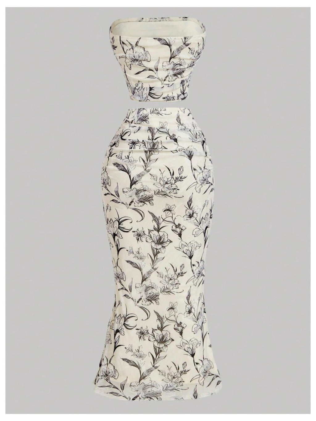 Women's 2 Piece Outfits Mesh Floral Print Strapless Cropped Tube Tops Bodycon Midi Skirt Set