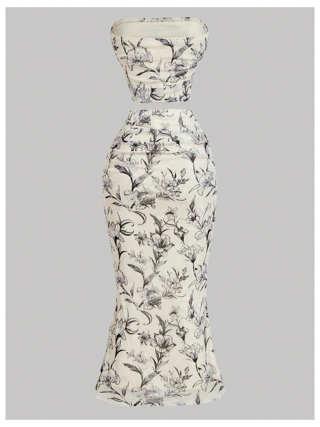 Women's 2 Piece Outfits Mesh Floral Print Strapless Cropped Tube Tops Bodycon Midi Skirt Set