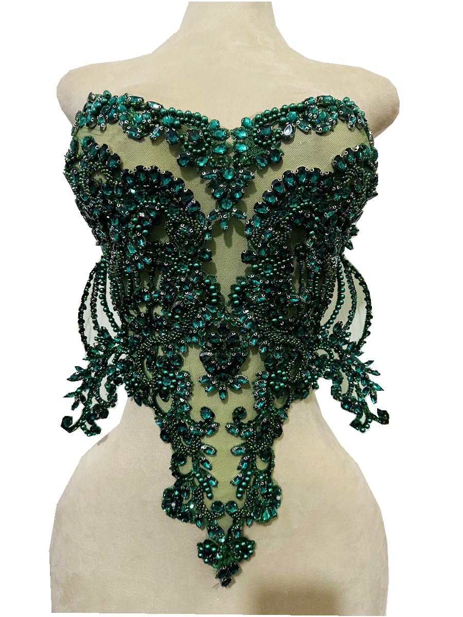 Handmade red/Blue/Gold/Green Rhinestones lace Bodice Applique Sewing Beads Crystal Trim Patches Accessory for Dress Clothes (Rose red)