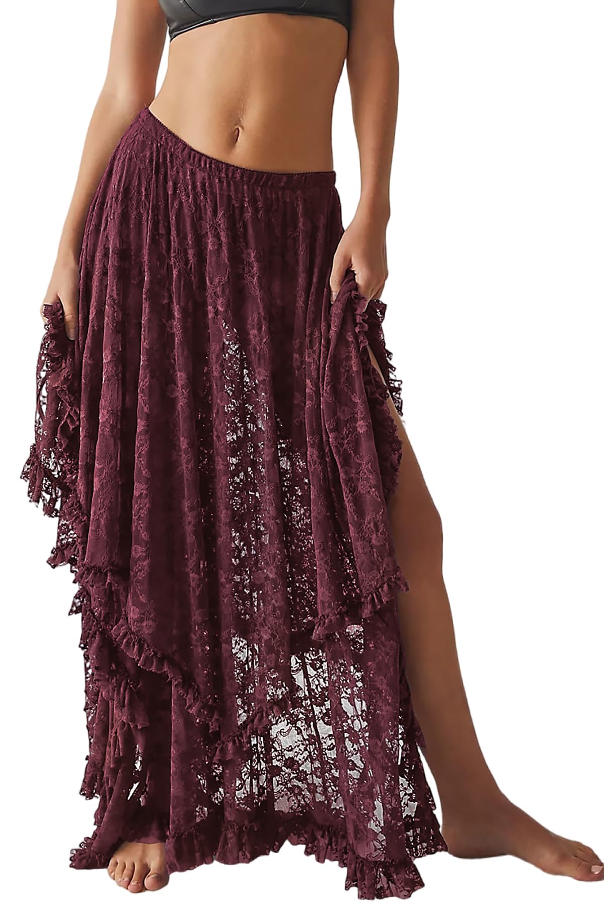 Women Lace Long Skirts Summer Elastic Asymmetrical Layered Hem Sexy See-Through Beach Floral Maxi Skirts