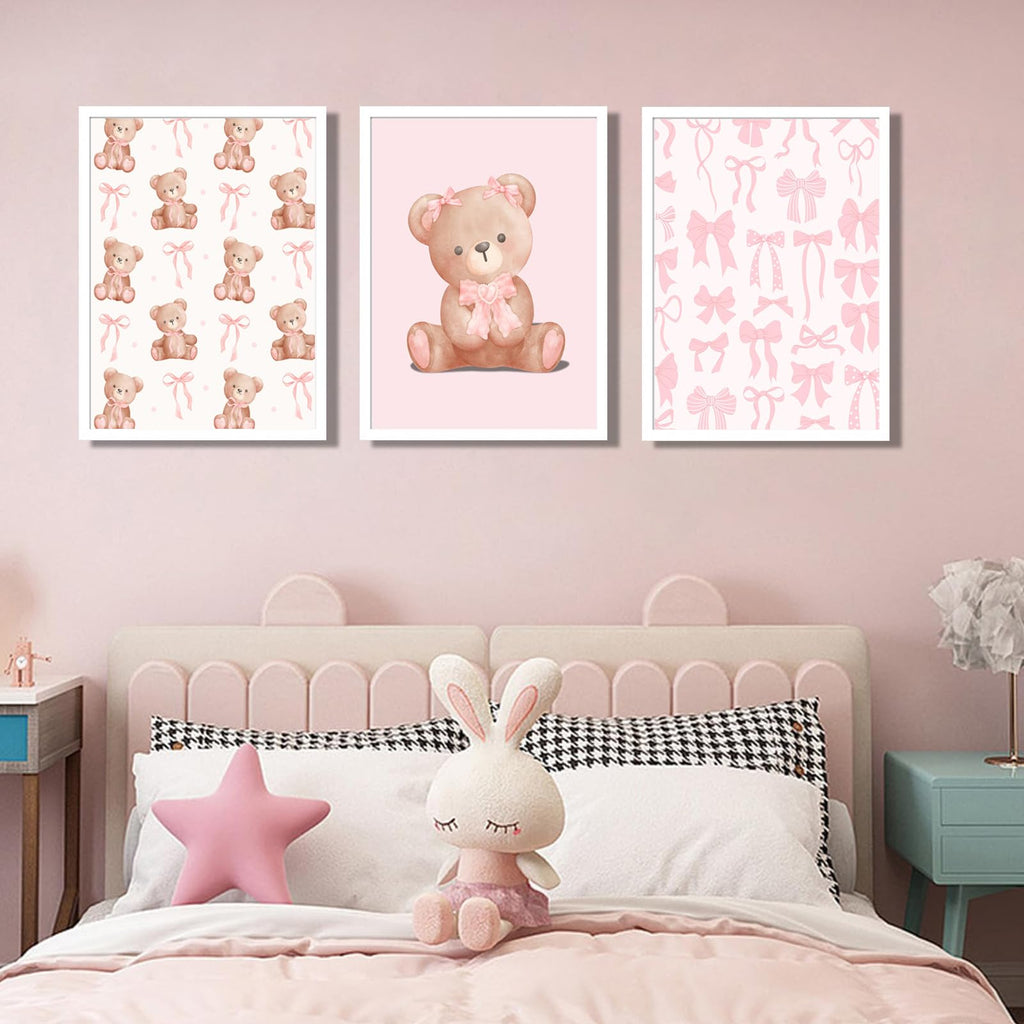 Pink Teddy Bear Wall Art Coquette Bow Wall Decor Pictures Cute Animal Nursery Canvas Posters Prints 3Pcs
