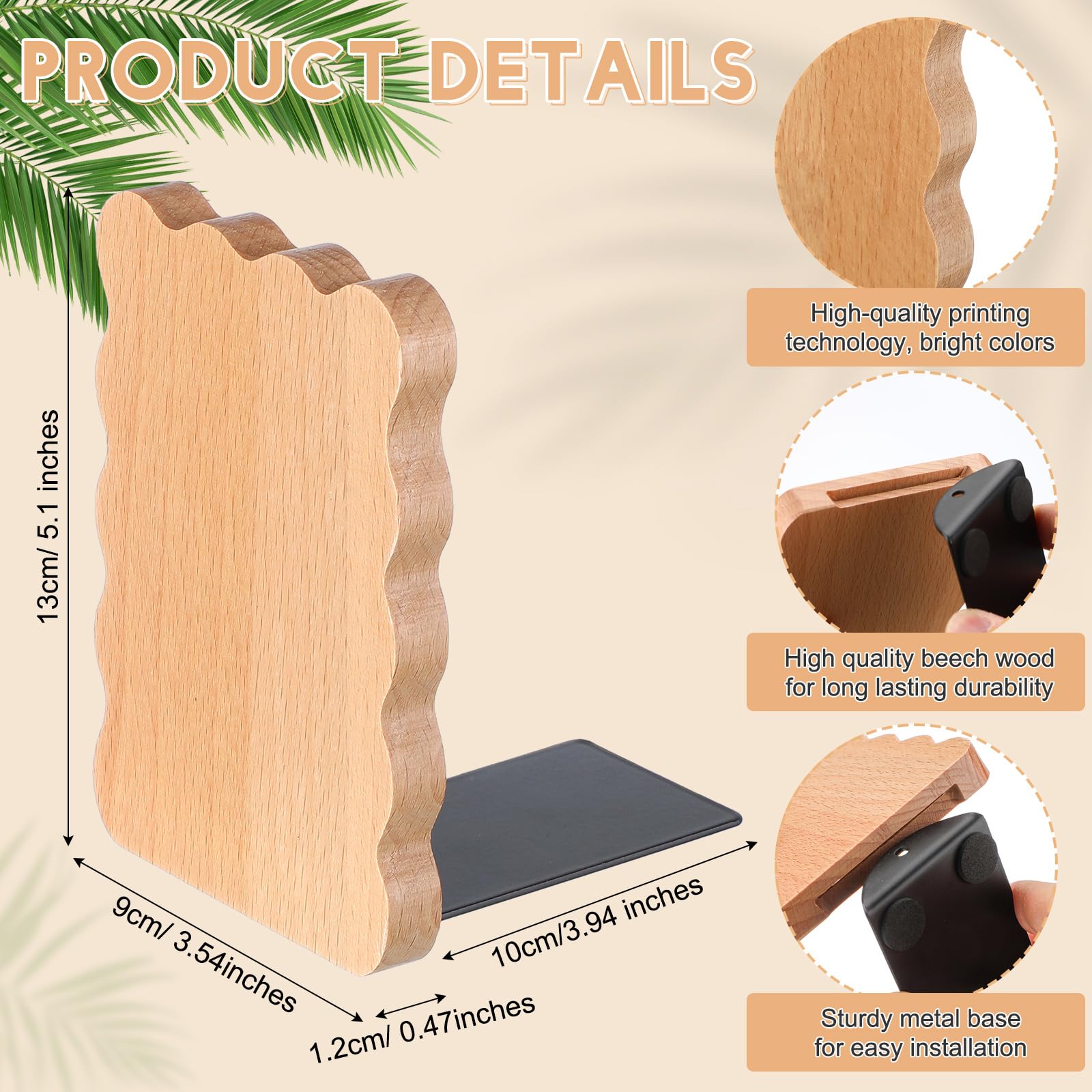 Wood Scalloped Bookends for Shelves, Non Slip Decorative Cute Aesthetic Preppy Heavy Duty Book Ends Organizer Stopper