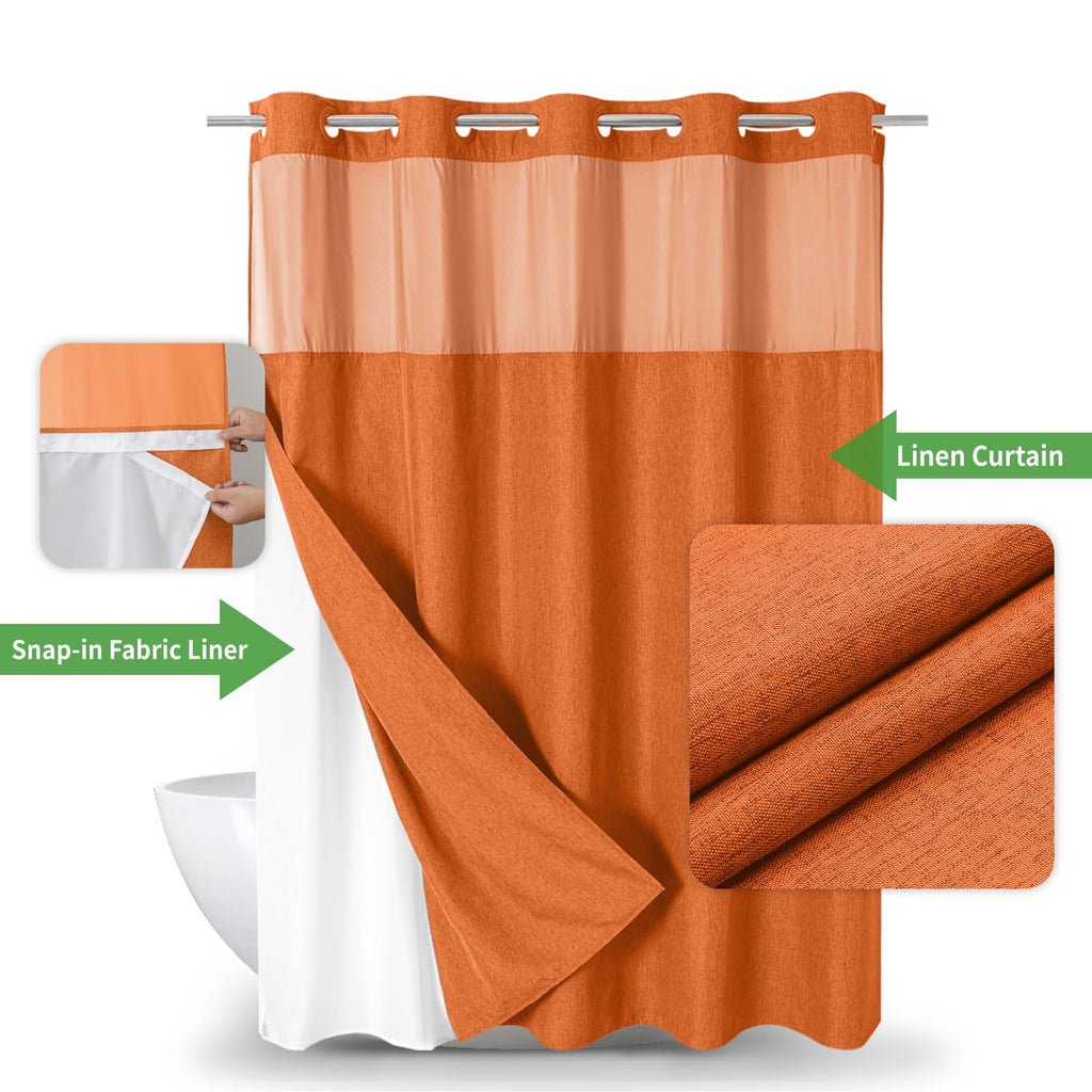 No Hooks Needed Linen Textured Shower Curtain with Snap-in Fabric Liner Set, Luxury Decor Shower Curtains for Bathroom with Mesh Top Window, Waterproof & Washable