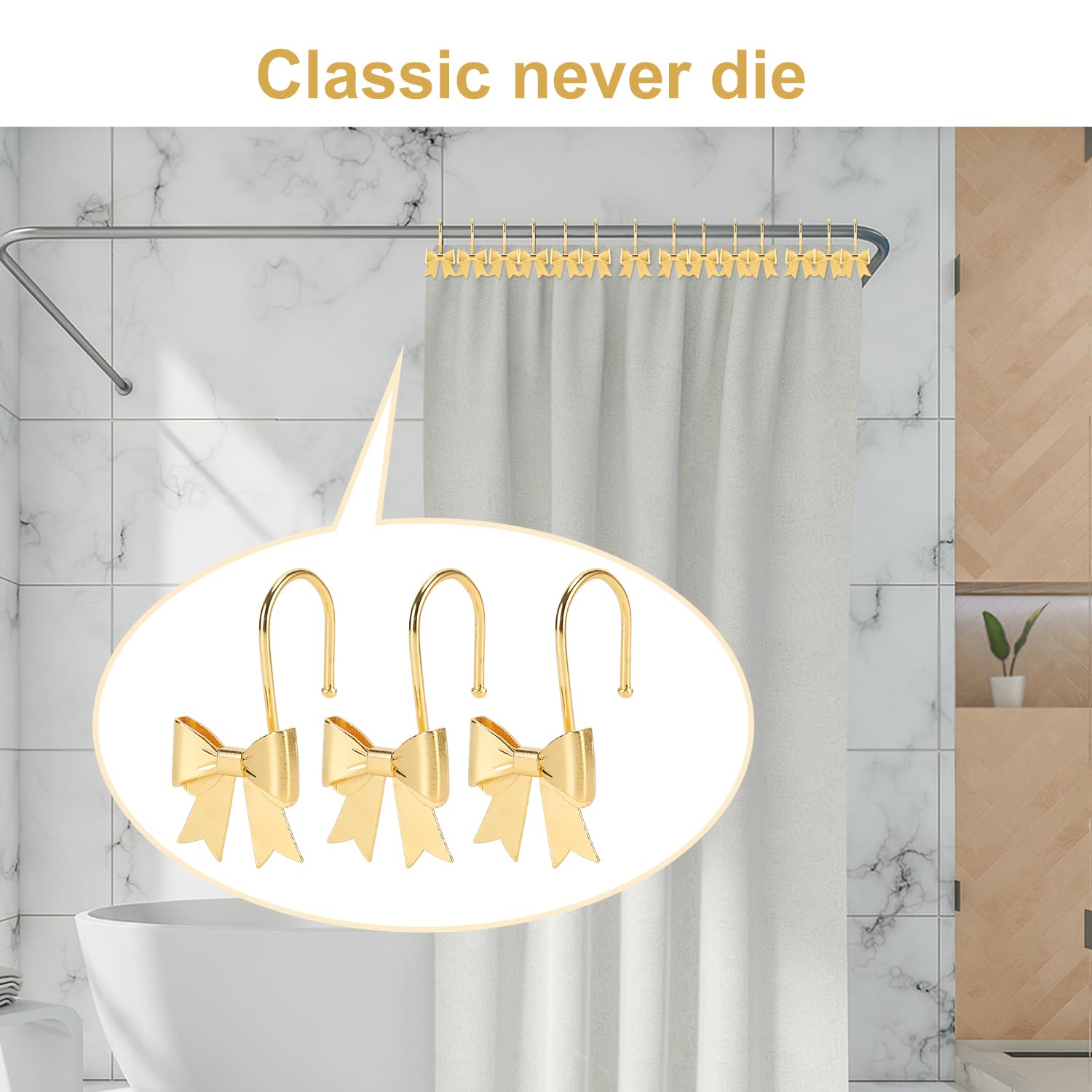 Metal Decorative Rings Bow Shower Curtain Hooks, Rustproof Bow Knot Design for Bathroom 12 Pack