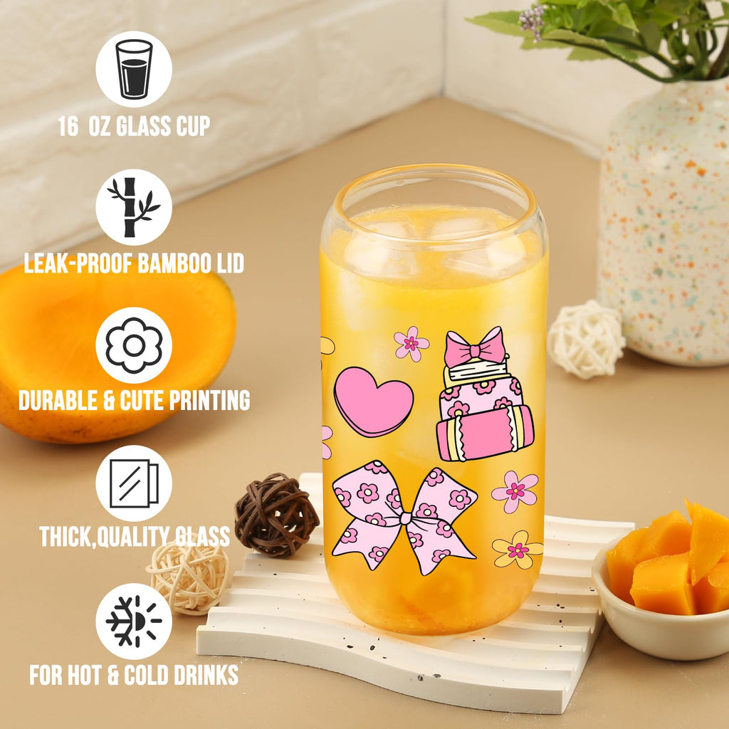 Cherry Bow Cup, Birthday Gifts for Women, Girly Gifts for Her, Sister, Mom, Colleague - 16 OZ Glass Tumbler with Straw & Lid, Coquette Iced Cup