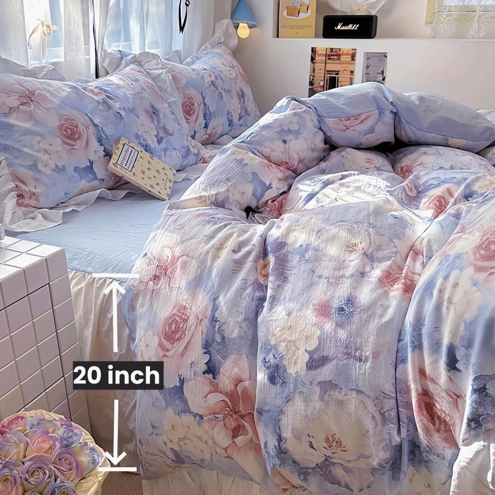 Duvet Cover 4pcs - Cotton Ultra Soft Ruffle Bedding Set includ 1 Duvet Cover with Zipper Ties,1 Fitted Sheet with Bed Skirt, 2 lace Pillow Shams for All Season