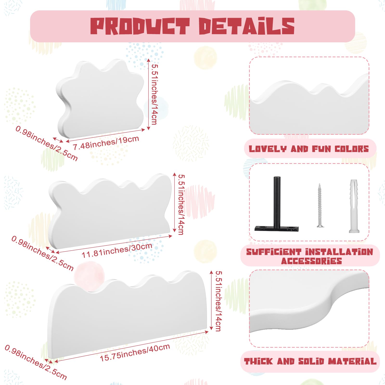 Set of 3 Wavy Cloud Floating Shelves â€?Funky Kawaii Danish Wall Decor for Bedroom & Bathroom (Pink, Green, Purple)