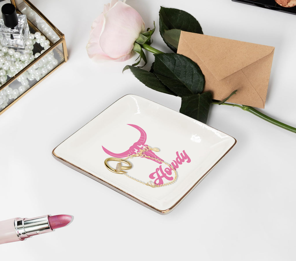 Ceramic Jewelry Tray Dish, Pink Print Jewelry Plate Trinket Dish