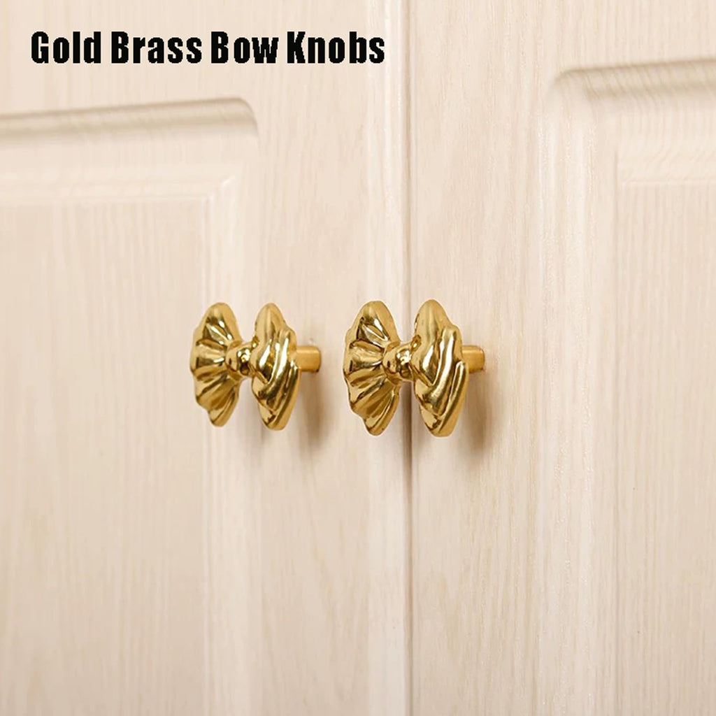 Gold Brass Small Bow Knobs Cute Dresser Drawer Handles Kitchen Cabinet Pulls Art Deco Single Hole Decorative Knobs Modern Furniture Hardware for Closet Cupboard