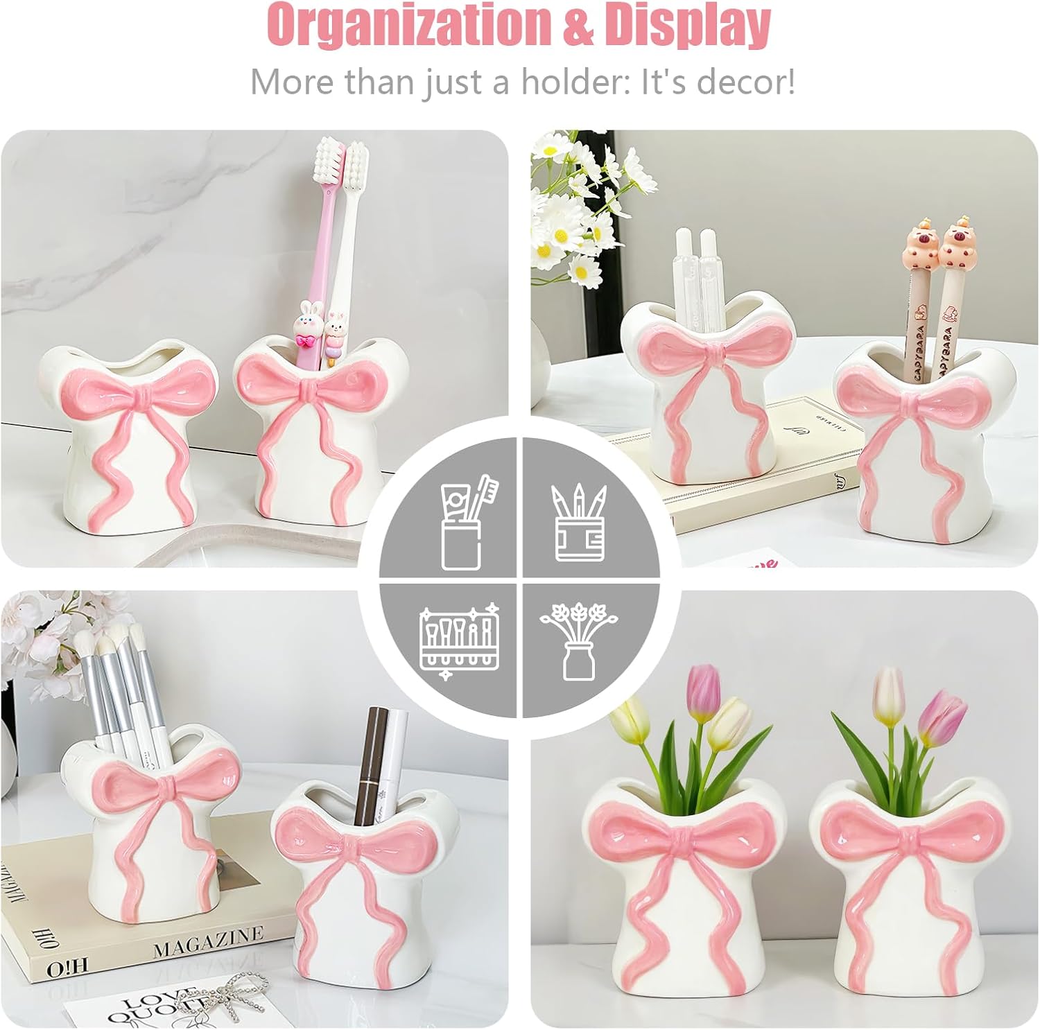 Cute White Ceramic Bow Toothbrush Holder - Bathroom Countertop Organizer with Pink Bow, Personalized Countertop Decor Accessories