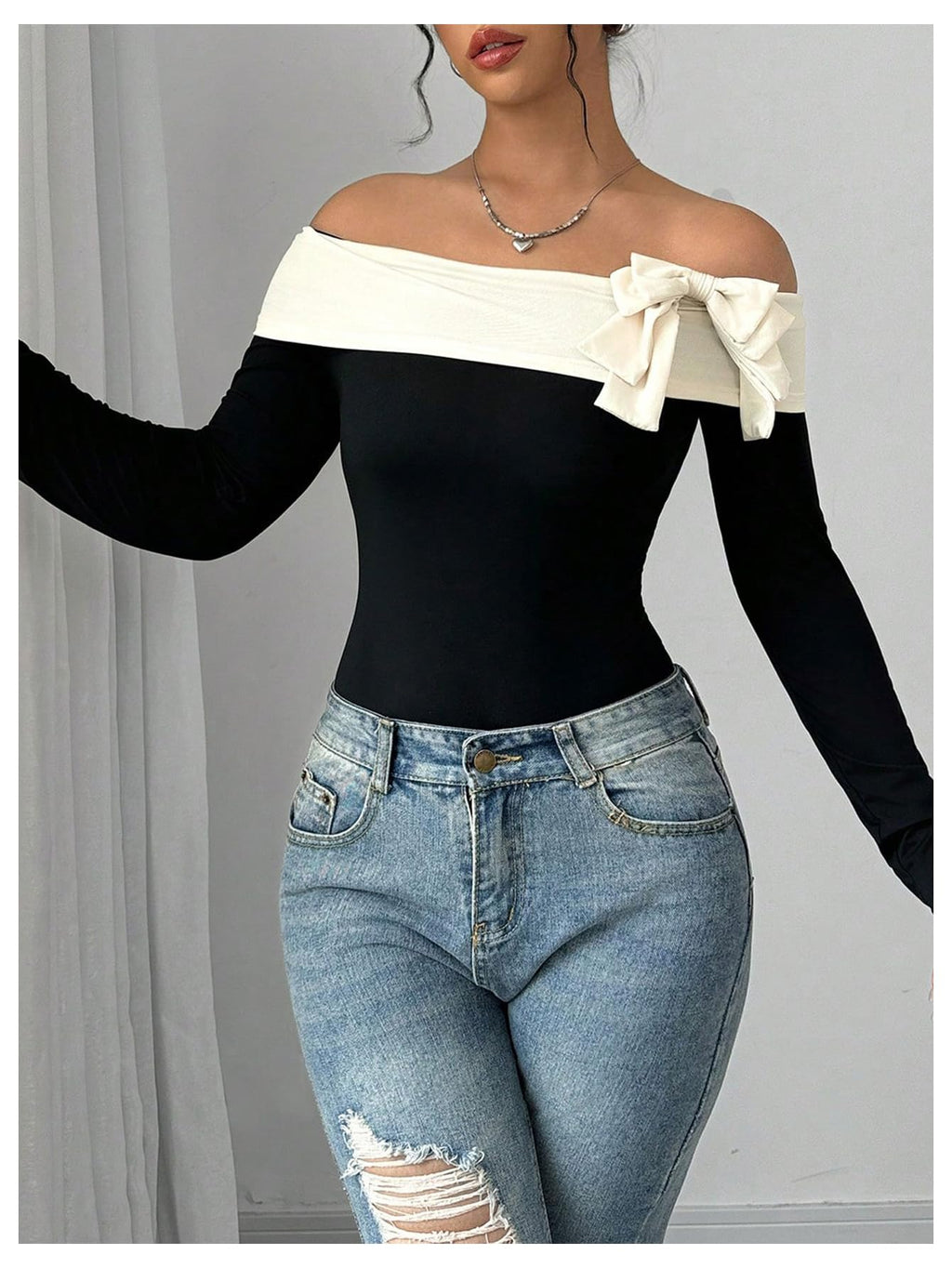 Women's Colorblock Bow Tie Off Shoulder Long Sleeve Bodysuit Elegant Tops