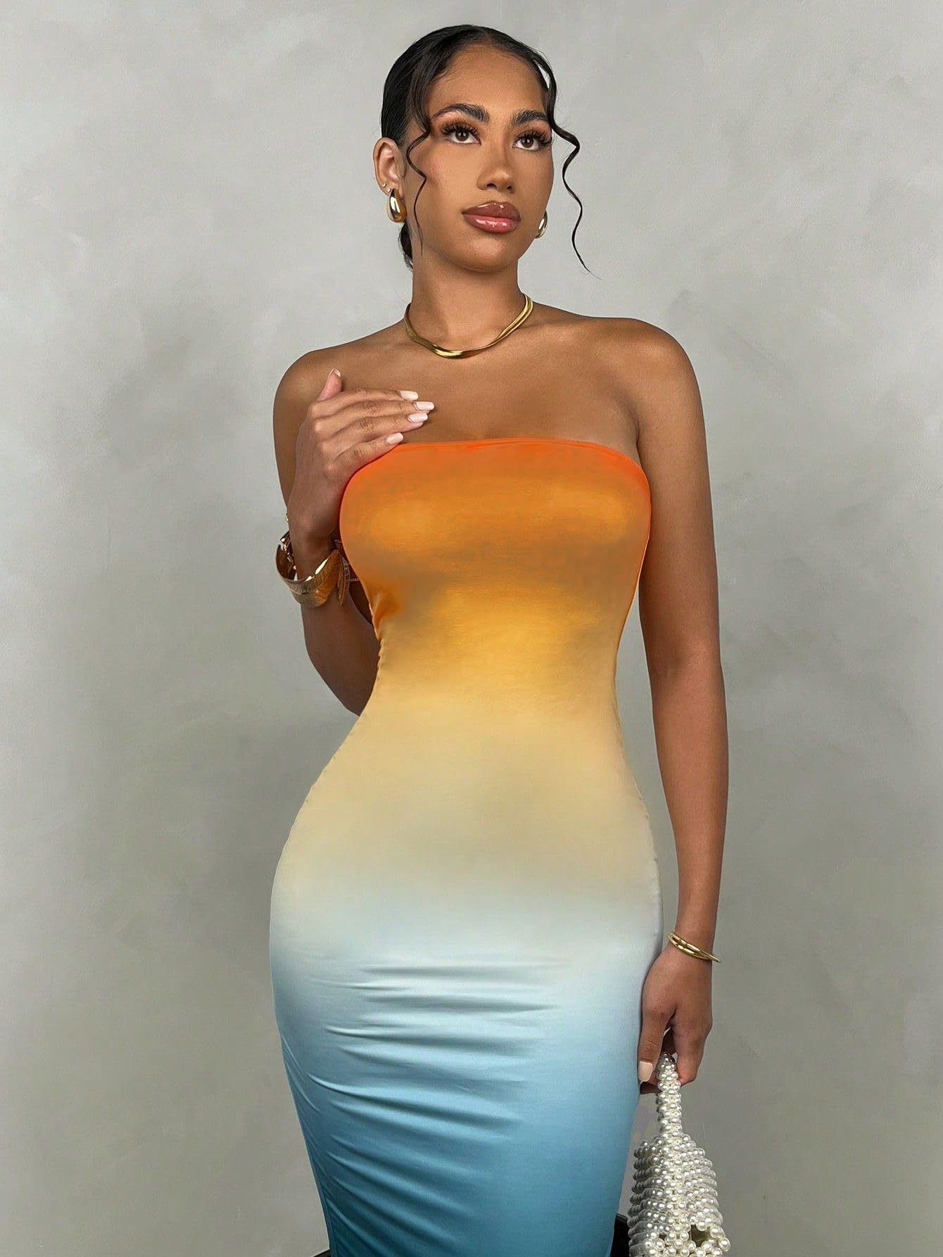Women's Summer Gradient Strapless Tube Dress Bodycon Long Dress Side Slit Mesh Layered