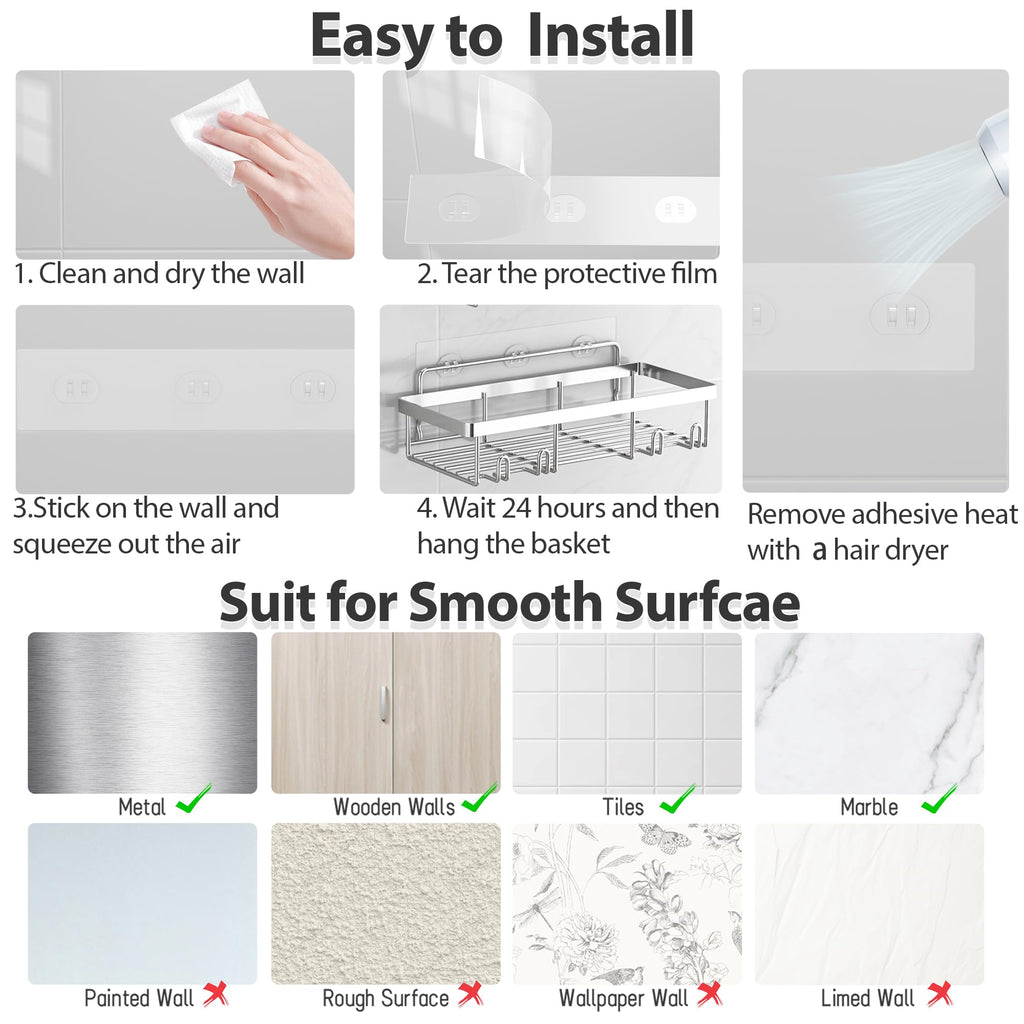 Shower Caddy Organizer Rack Shelf for Inside Shower, Adhesive Bathroom Wall Storage Basket Rustproof Stainless Steel