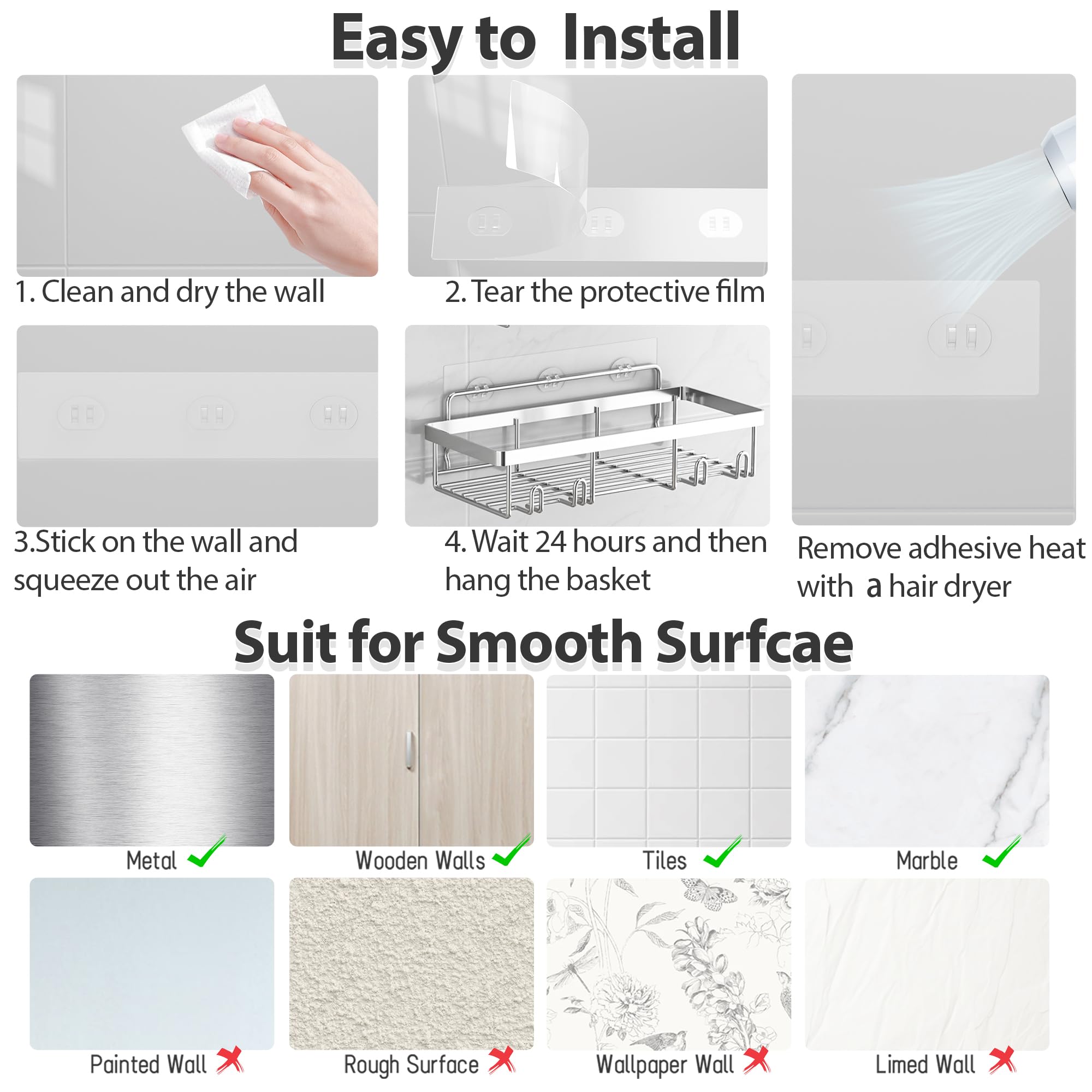 Shower Caddy Organizer Rack Shelf for Inside Shower, Adhesive Bathroom Wall Storage Basket Rustproof Stainless Steel