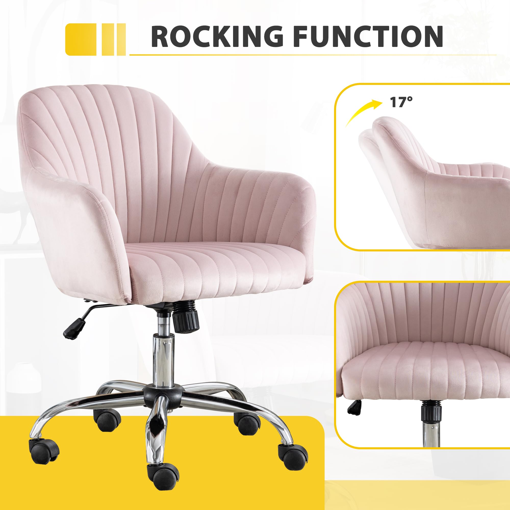 Modern Vanity Velvet Adjustable Low Back Rolling Chair, Twill Upholstered Cute Chair with Wheels