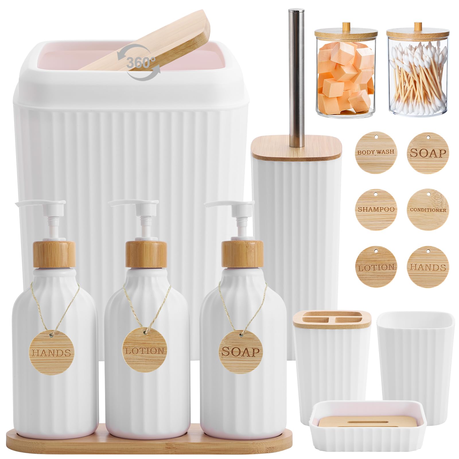 Simply Bathroom Accessories Set 17PCS Bathroom Set with Trash Can 3PCS Lotion Soap Dispenser, Toothbrush Holder, Soap Dish,Tumbler Cup, 6PCS Wood Tags Bath Accessories with Tray for Kitchen Bathroom
