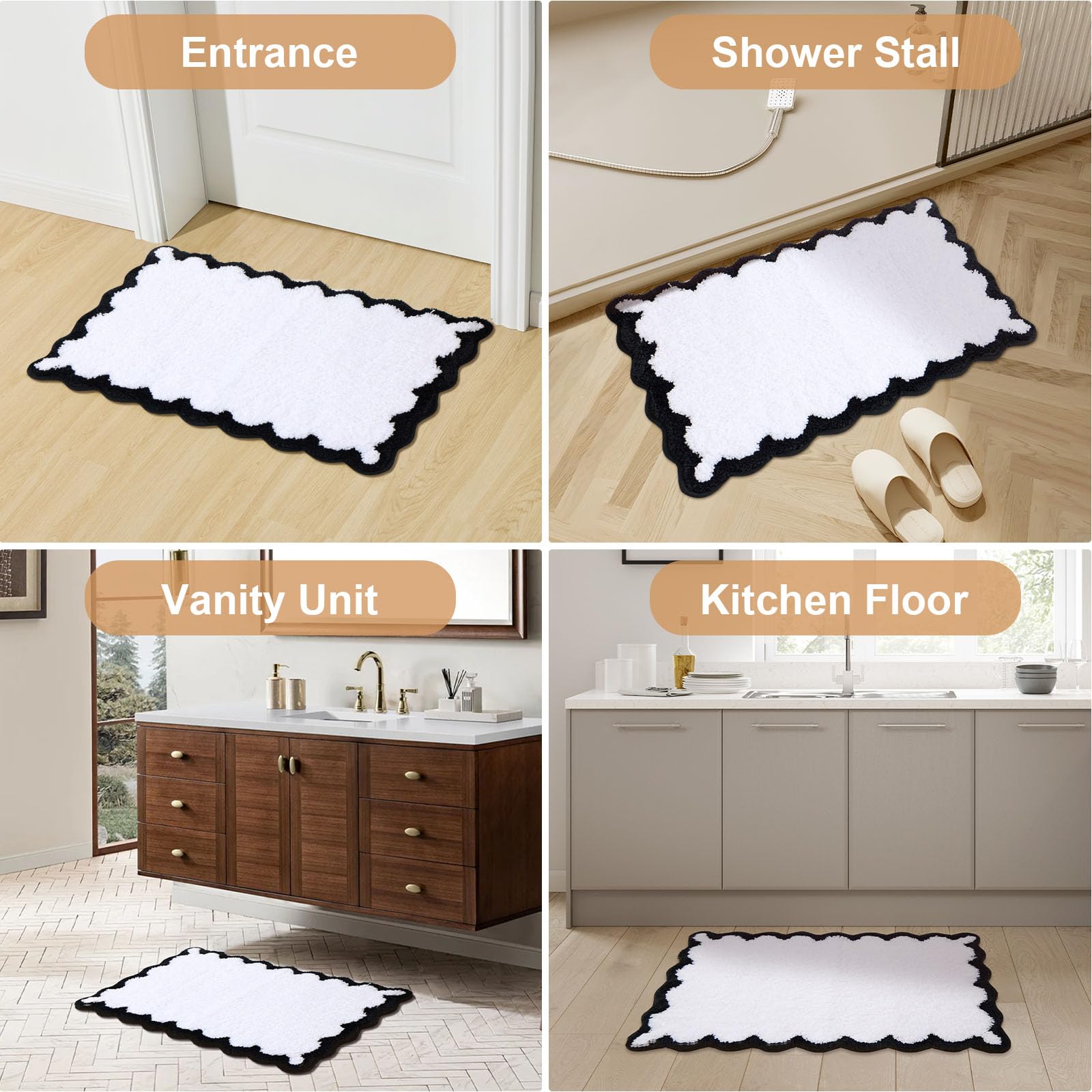 Cute Scalloped Bath Mat, Fun Plush Microfiber Scallop Bathroom Rugs Non Slip Washable Quick Dry Absorbent