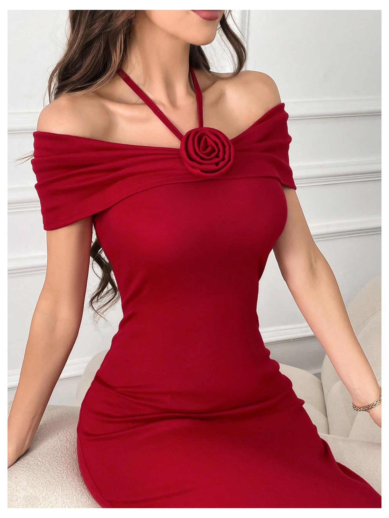 Women's 3D Floral Off The Shoulder Halter Dress Backless Long Bodycon Dress