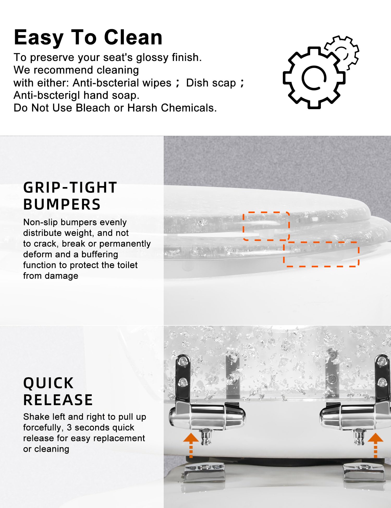 Round Resin Toilet Seat Glitter Soft Close Quick Release Metal Zinc Alloy Hinge Easy to Install also Easy to Clean, Decorative Acrylic Seats (17 Inch)