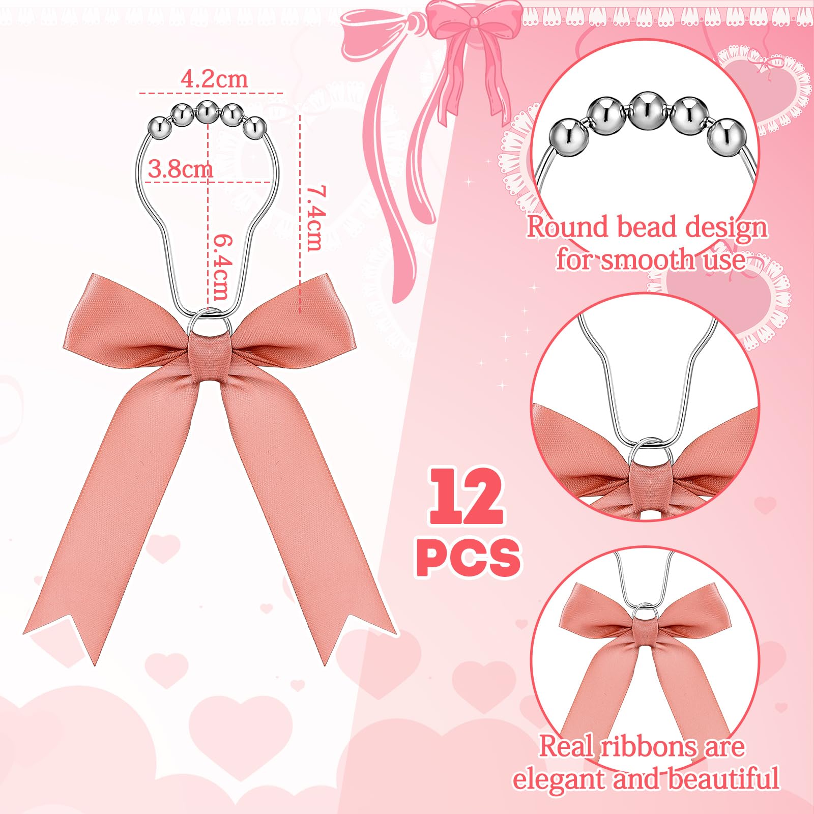 Cute Bow Knot Ribbon Curtain Hooks Decorative Shower Rings Hanger Bathroom Decor Bathroom Accessories 12 Pcs