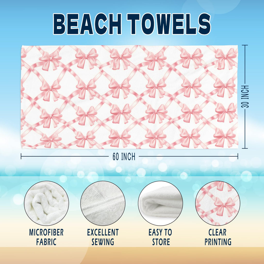 Coquette Girly Pink Bow Beach Towel - Microfiber Absorb Water Travel Towels 60x30 Inches for Bathroom Kitchen