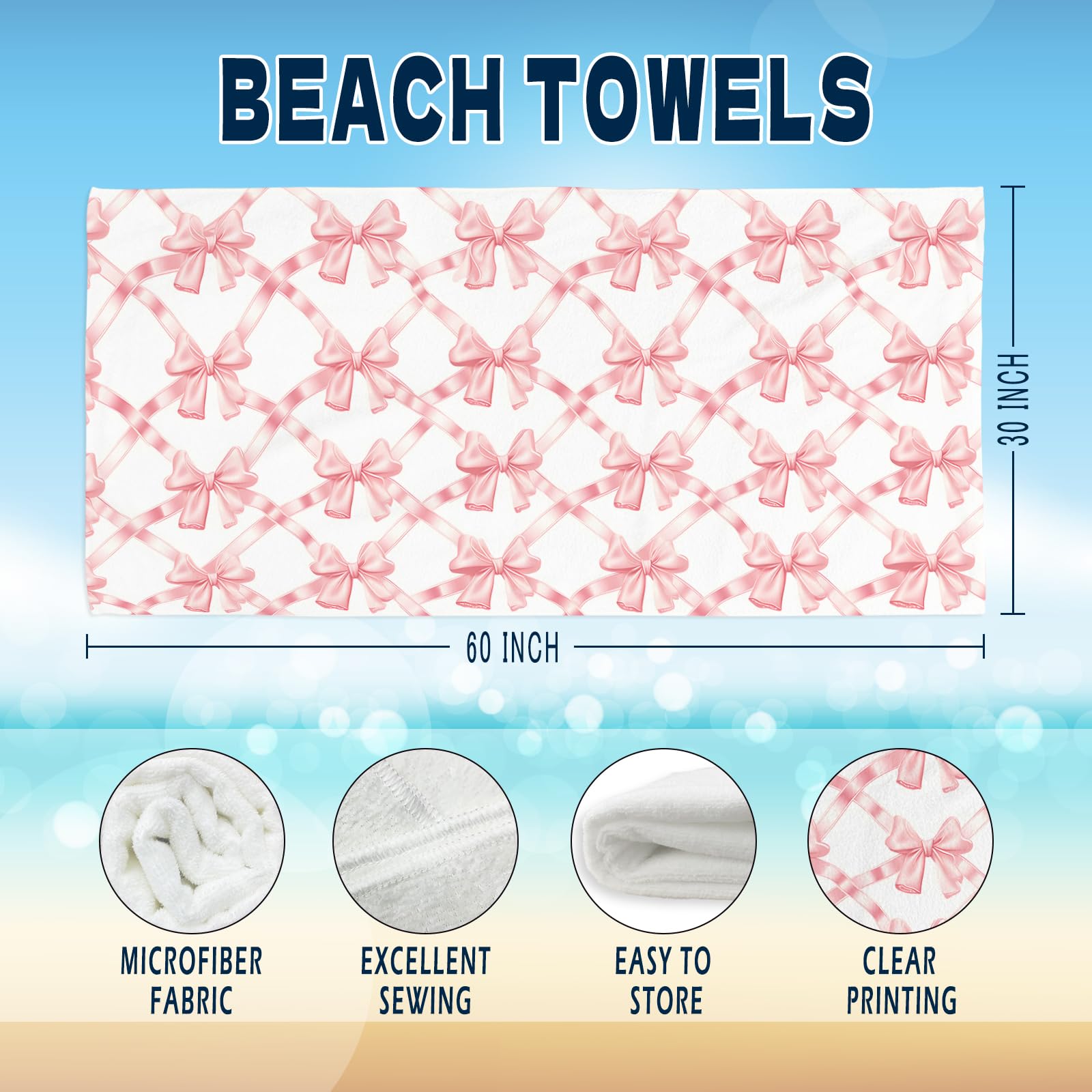 Coquette Girly Pink Bow Beach Towel - Microfiber Absorb Water Travel Towels 60x30 Inches for Bathroom Kitchen