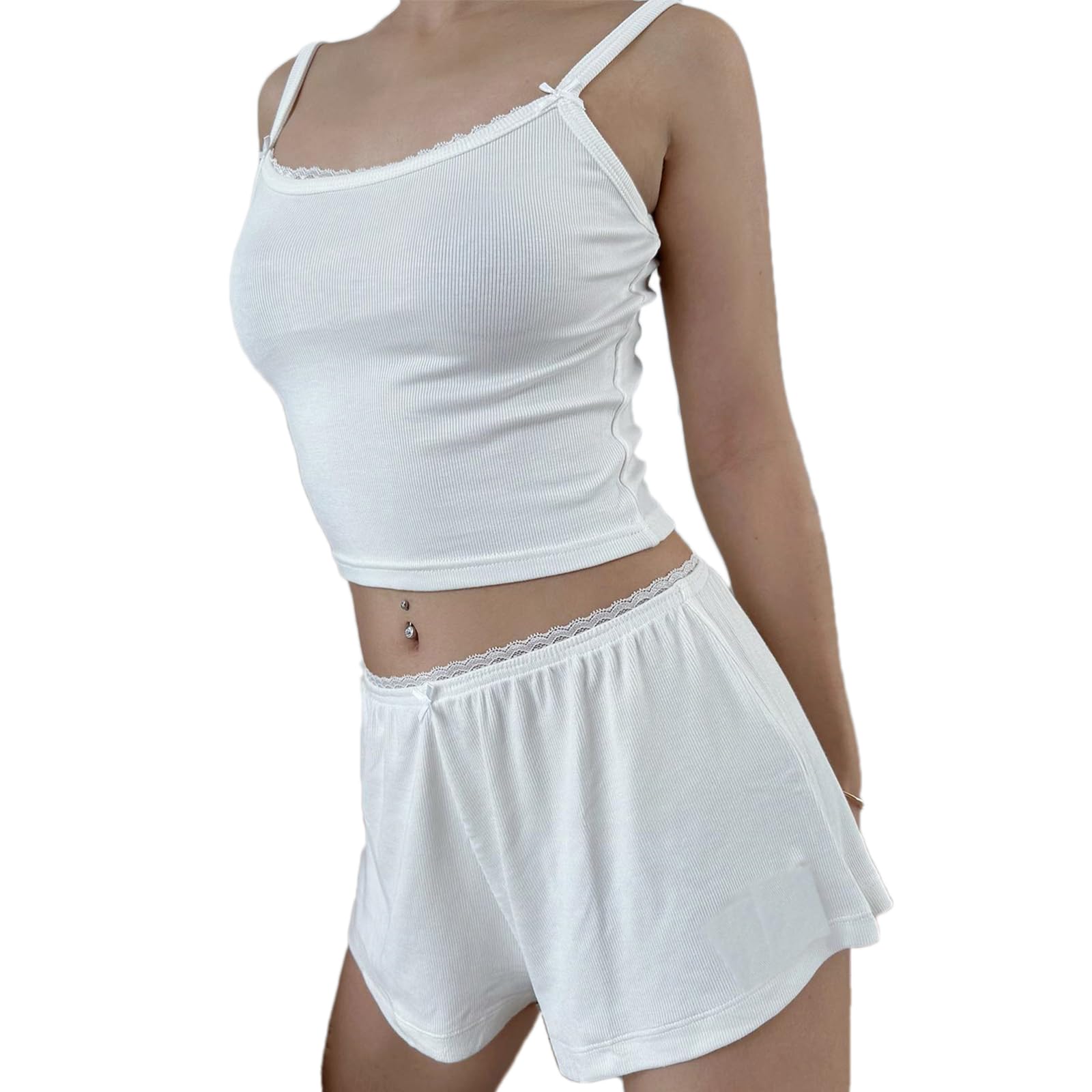Women Sexy 2 Piece Pajama Set Sleeveless Lace Trim Crop Cami Top and Shorts Pj Set Y2K Sleepwear Lounge Outfits