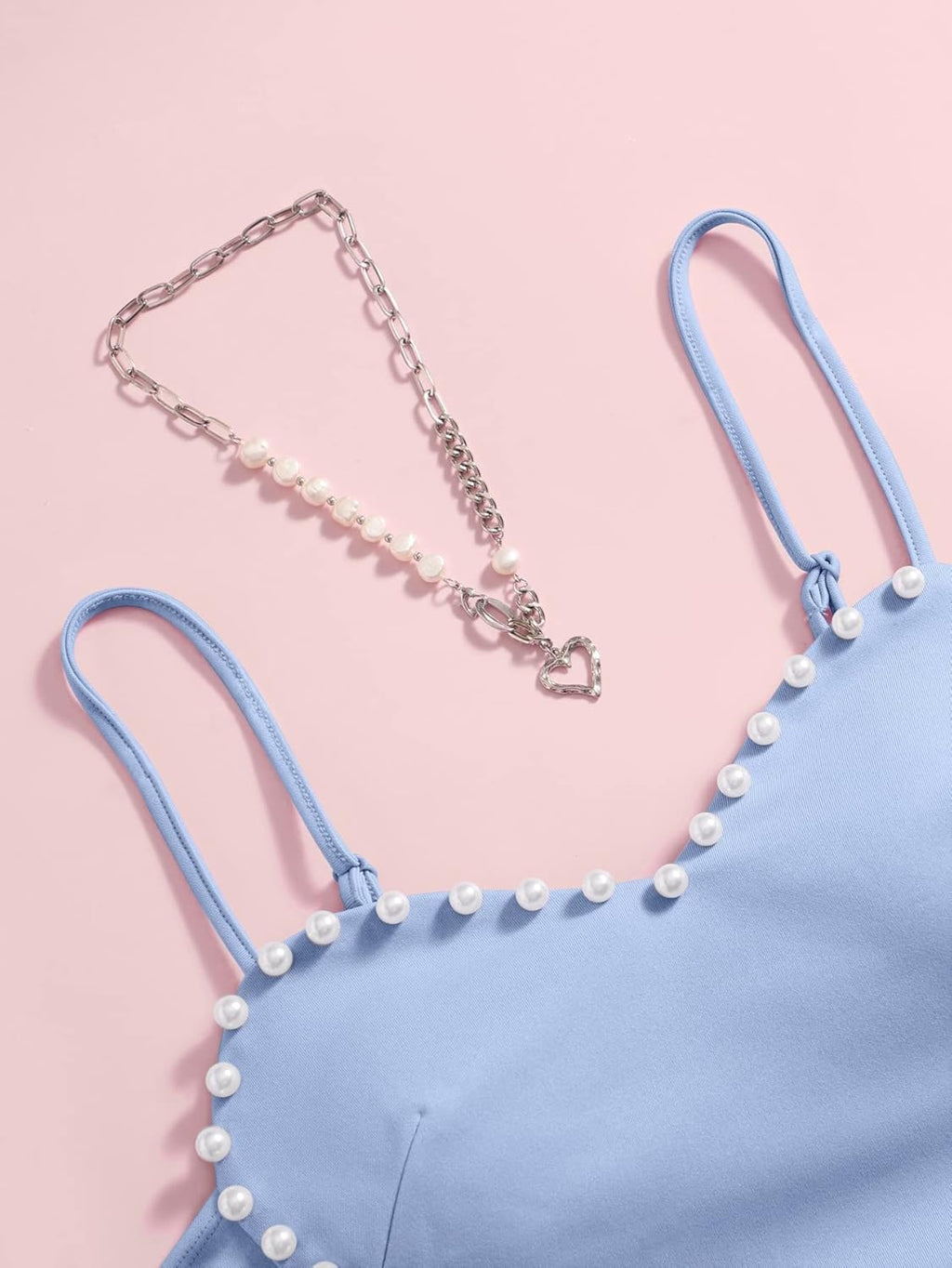 Women's Pearls Sleeveless Asymmetrical Hem Heart Crop Cami Top Sexy Camisole