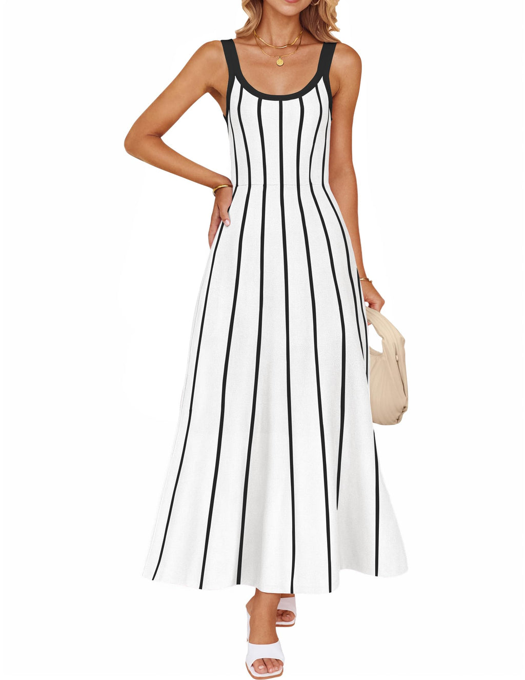 Wome's Summer Sleeveless Striped Midi Dress 2025 Knit Casual Elegant A Line Swing Long Dresses
