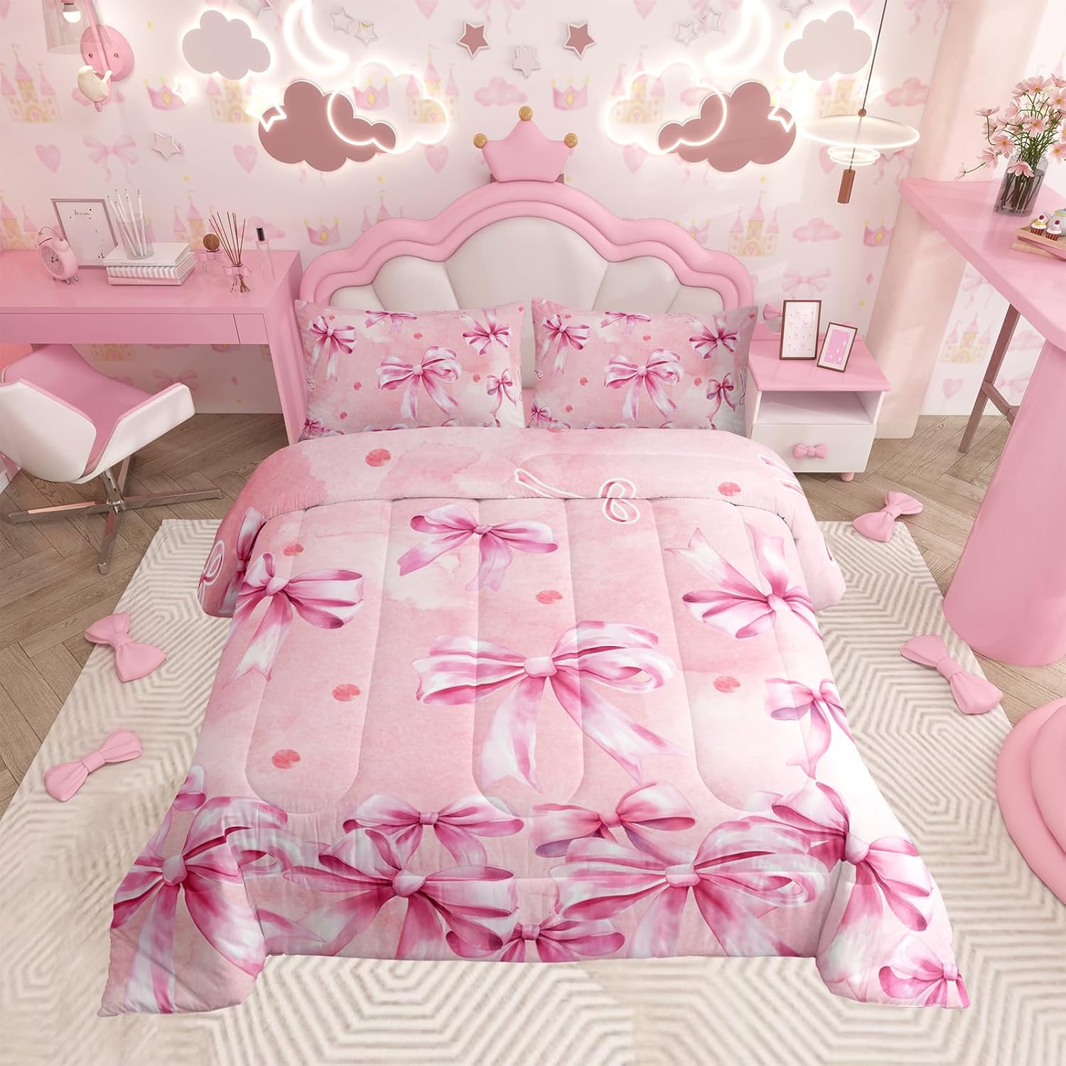 Floral Bowknot Comforter Set,Pink Bow Tie Print Bedding Set Cute Bow Flower Comforter Princess Style Bed Set for All Season