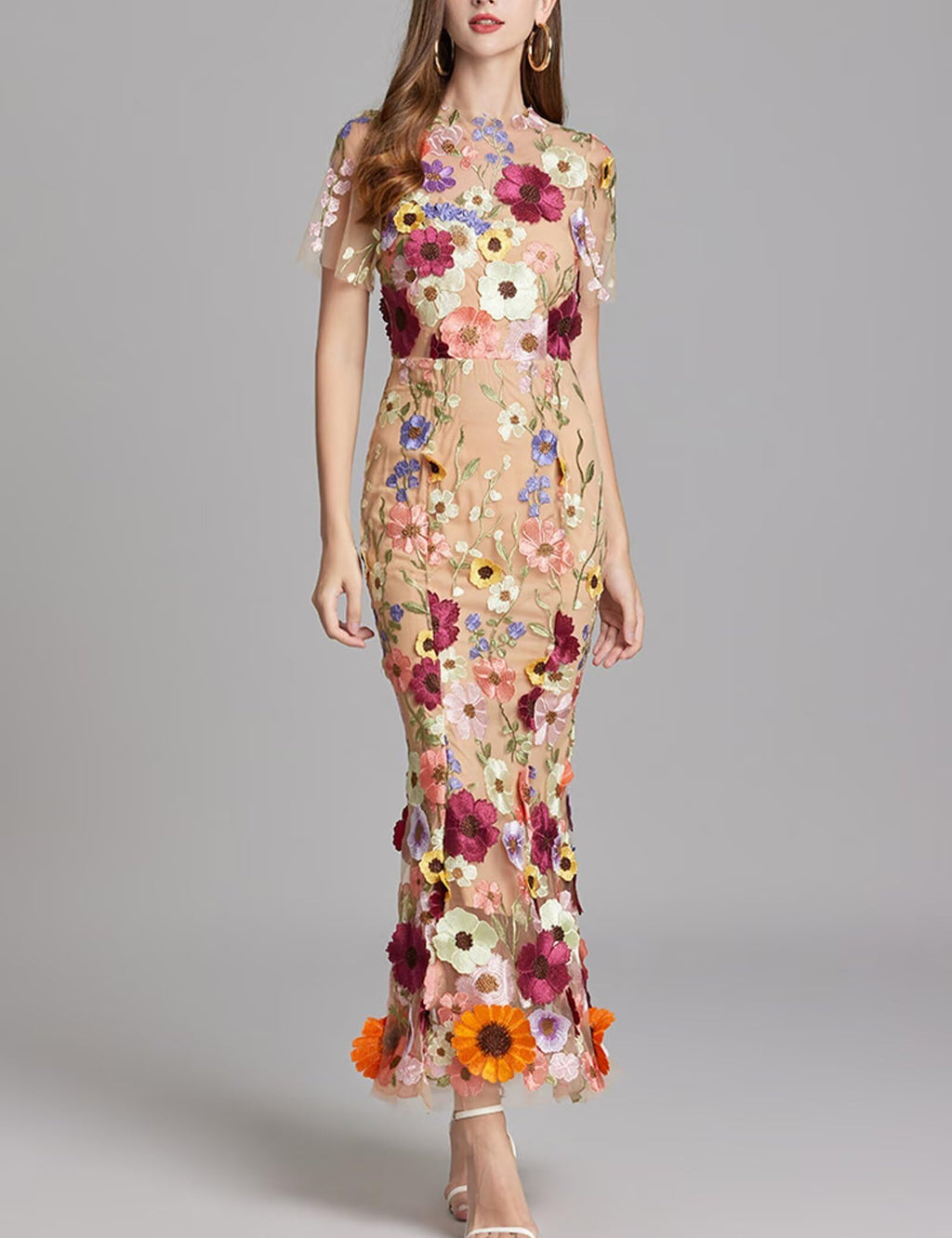 Women's 3D Floral Embroidery Dress Sheer Mesh Round Neck Lace Bodycon Party Cocktail Maxi Dress Short Sleeves