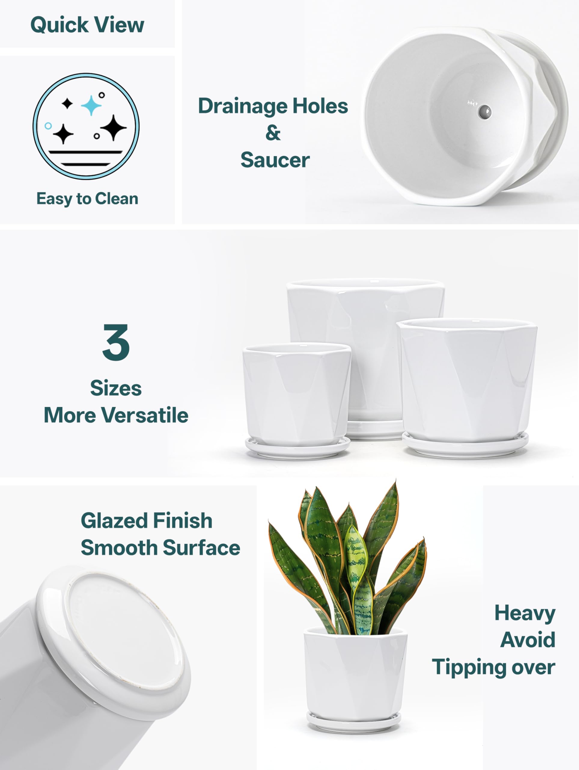 Ceramic Plant Pots Indoor, 8.6+7.1+5.5 Inch Planters with Drainage Holes and Saucers Set of 3 Large Flower Pots