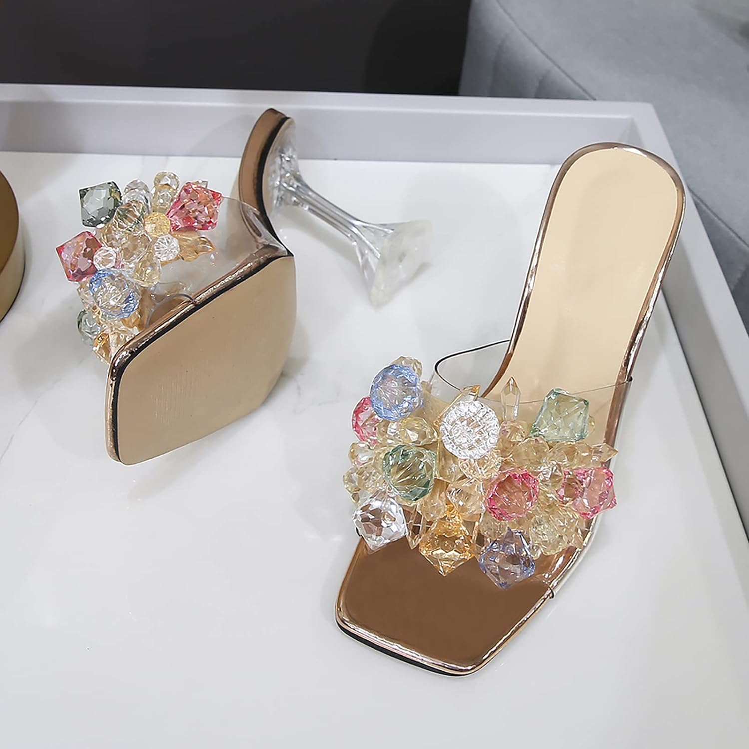 Women's Crystal Flower Heels Square Toe Heeled Sandals