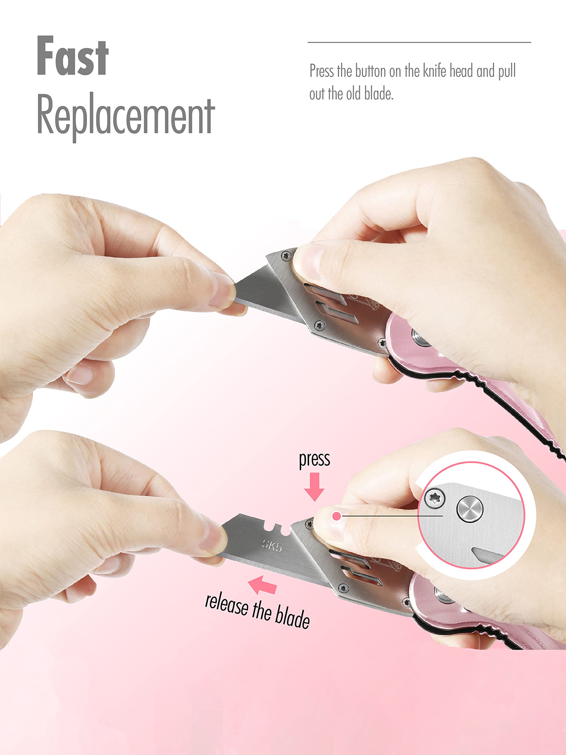 Folding Utility Knife, Cute Metal Box Cutter with Extra 5 Sharp Blades, Quick Blade Change, and Preminium Gift Packaging, for Cardboard Opener, Paper Cutter