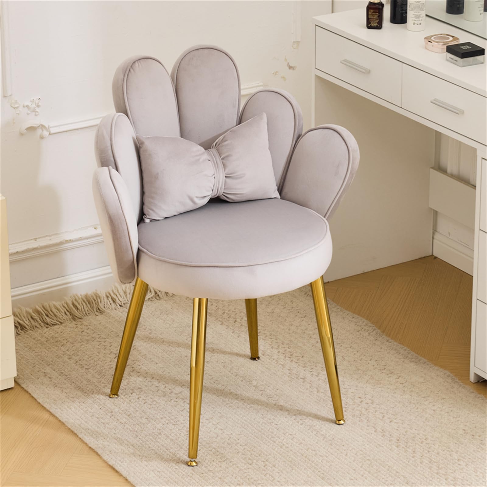 Cute, non-wheeled desk chair with backrest, fluffy cushion, cozy makeup chair with adjustable golden legs