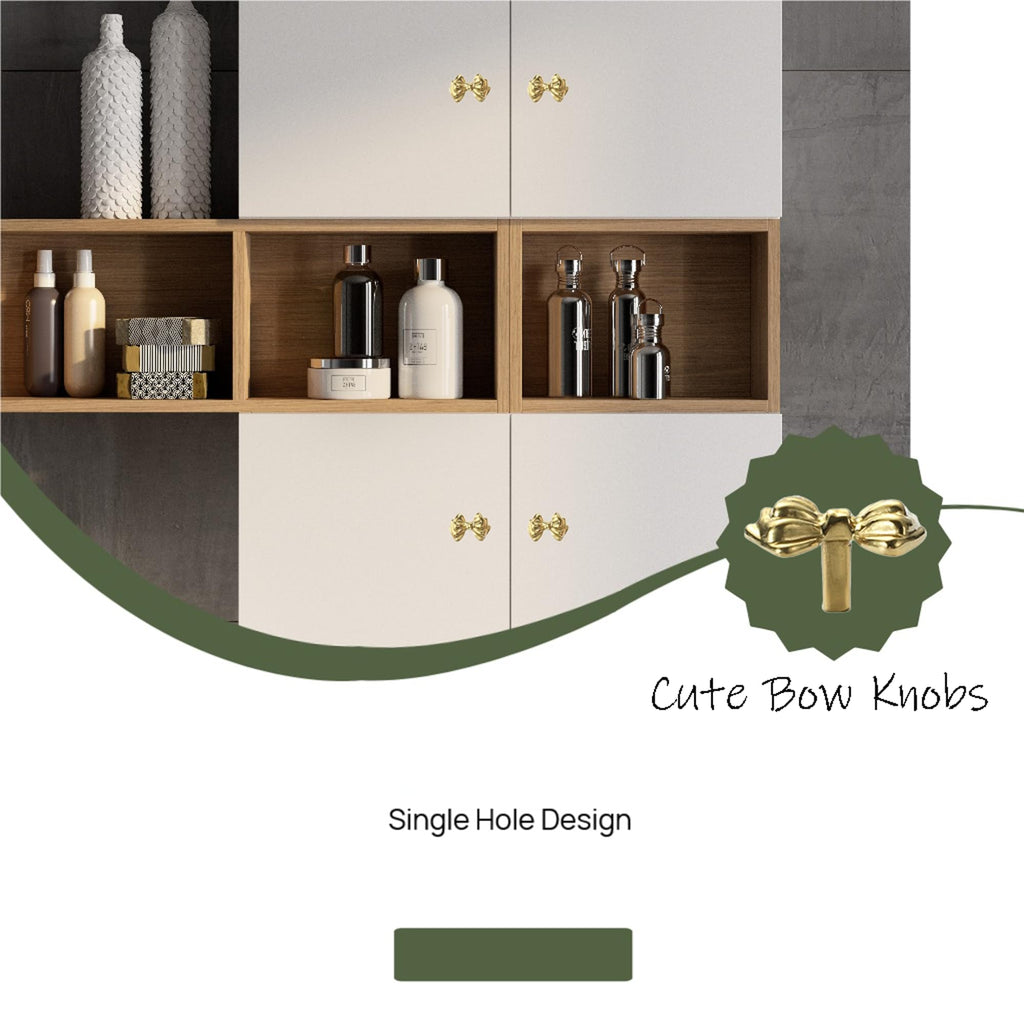 Gold Brass Small Bow Knobs Cute Dresser Drawer Handles Kitchen Cabinet Pulls Art Deco Single Hole Decorative Knobs Modern Furniture Hardware for Closet Cupboard