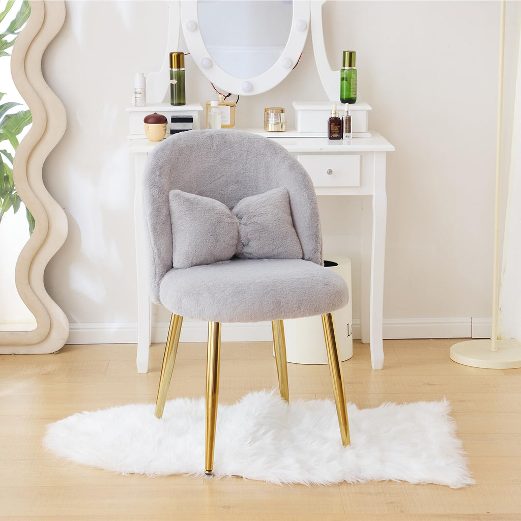 Cute, non-wheeled desk chair with backrest, fluffy cushion, cozy makeup chair with adjustable golden legs