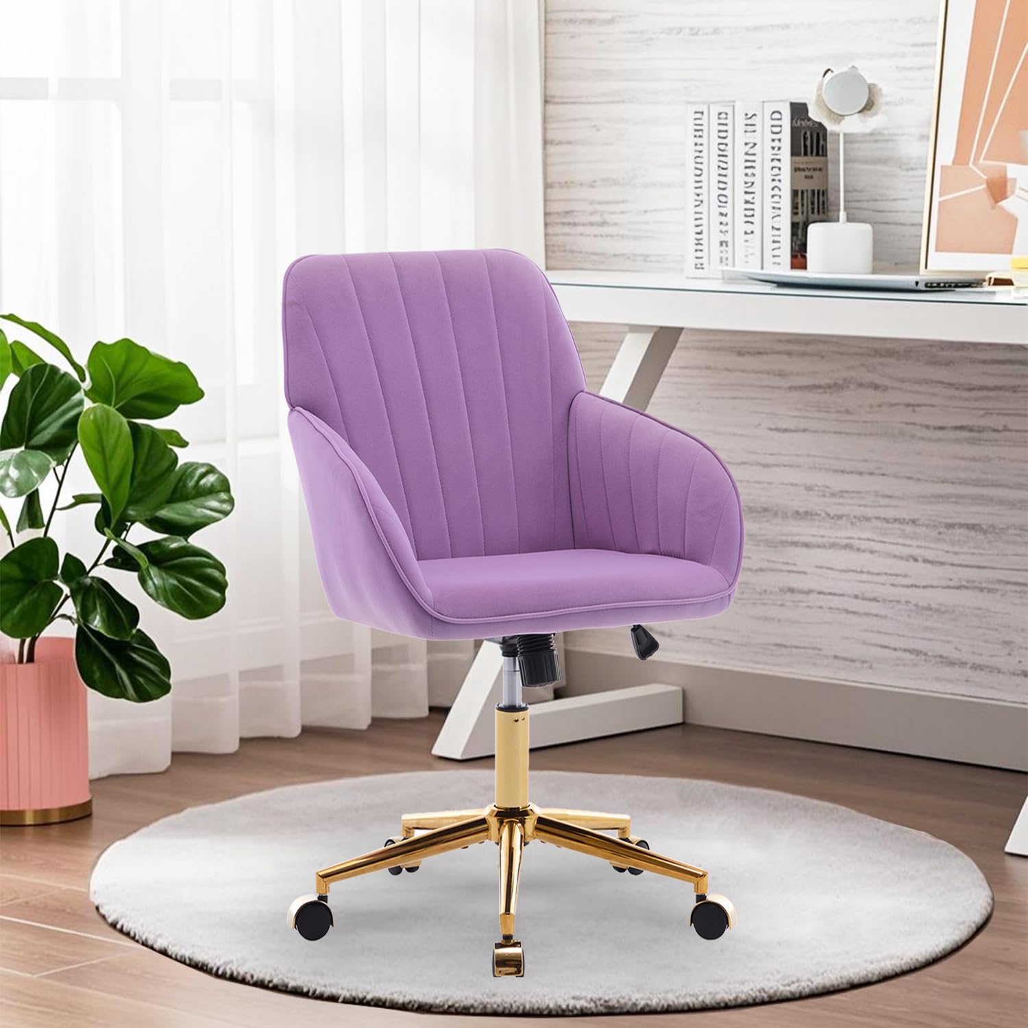 Modern Vanity Velvet Adjustable Low Back Rolling Chair, Twill Upholstered Cute Chair with Wheels