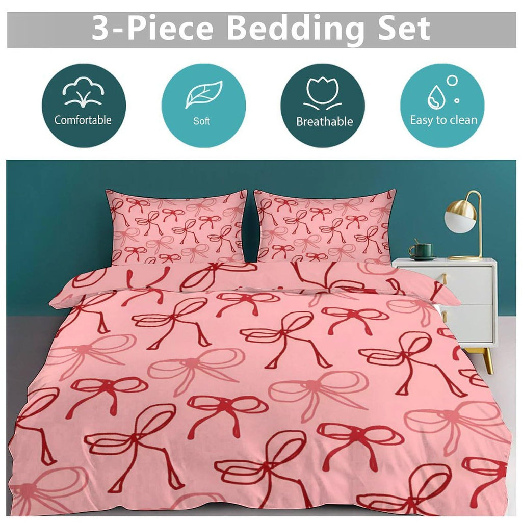 Pink Red Bow Comforter Set Duvet Cover Quilt Cover Set Ultra Soft Bed Cover (1 Duvet Cover+2 Pillowcases)