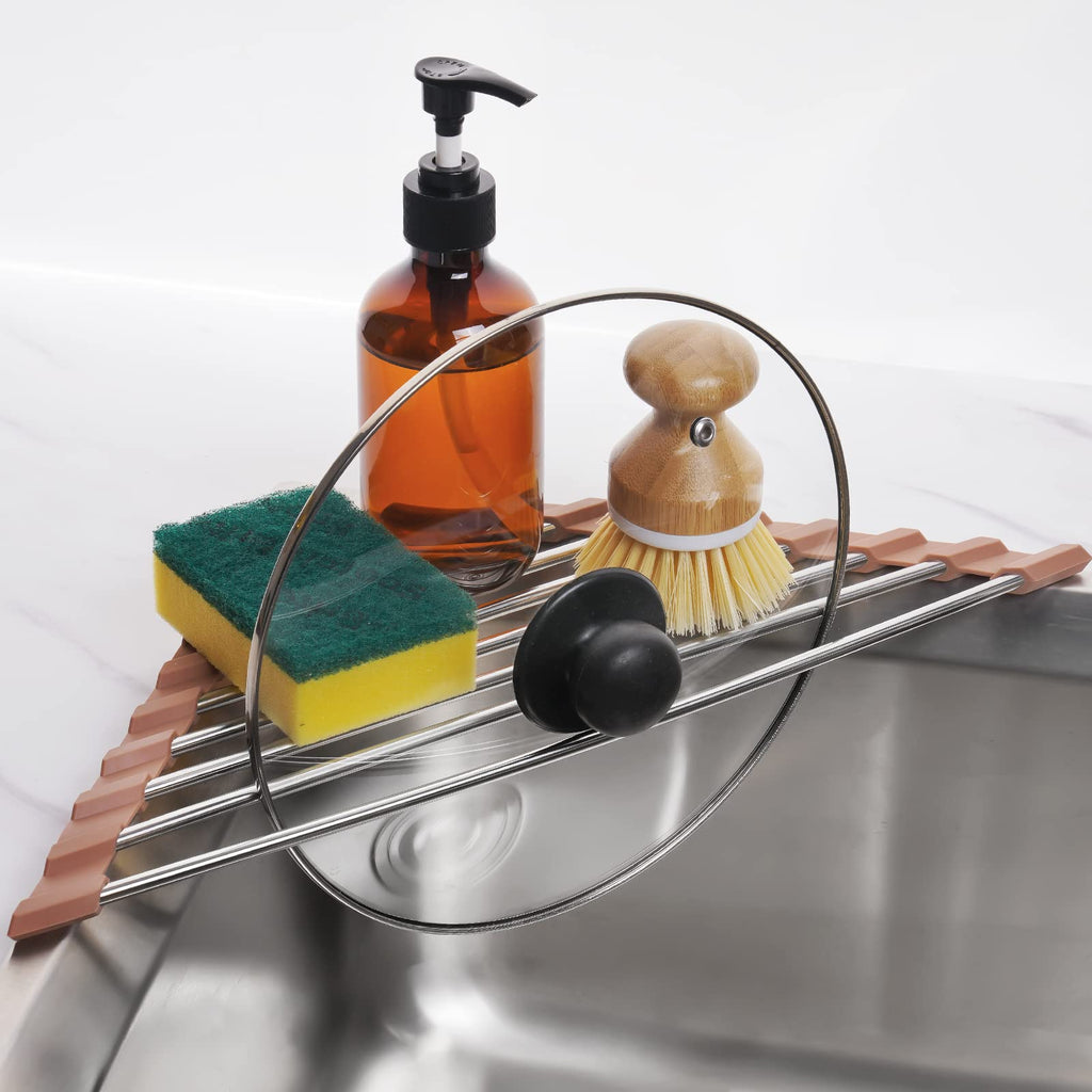 Triangle Foldable Dish Drying Rack, Small Roll-Up - Stainless Steel Over Sink Drainer for Kitchen Sink Corner, Rustproof