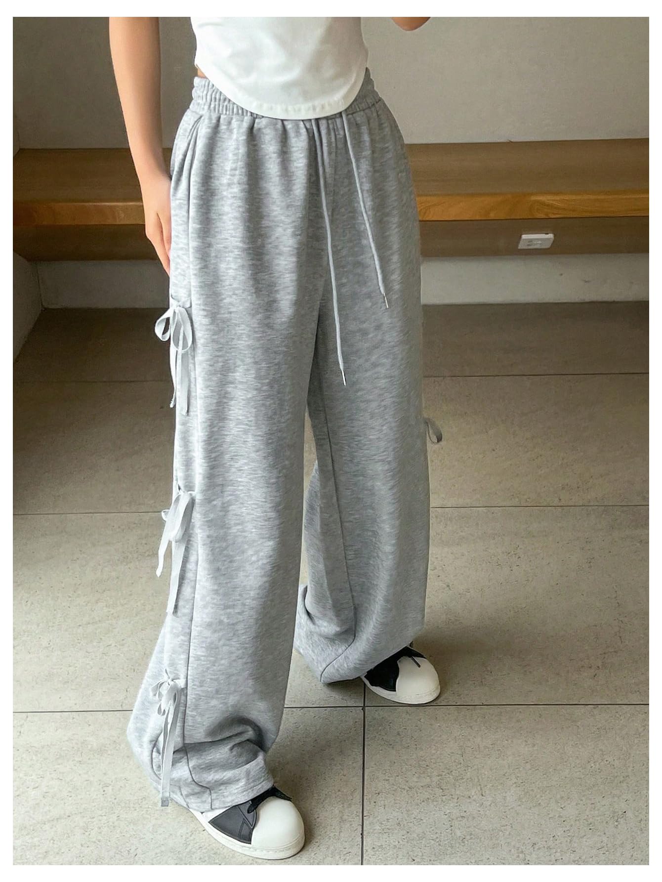 Women's Side Bow Tie Straight Leg Sweatpants Drawstring Elastic Waist Loose Athletic Sports Pants