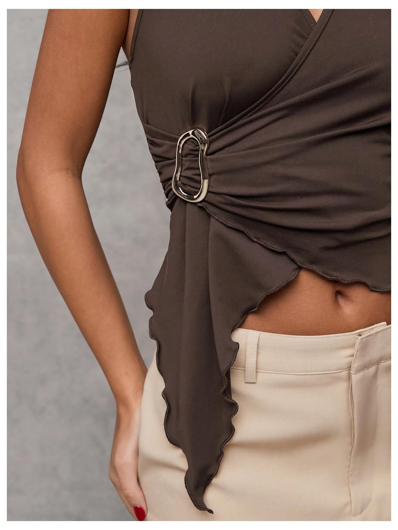 Women's Wrap V Neck Buckle Halter Top Ruched Asymmetrical Sleeveless Tops