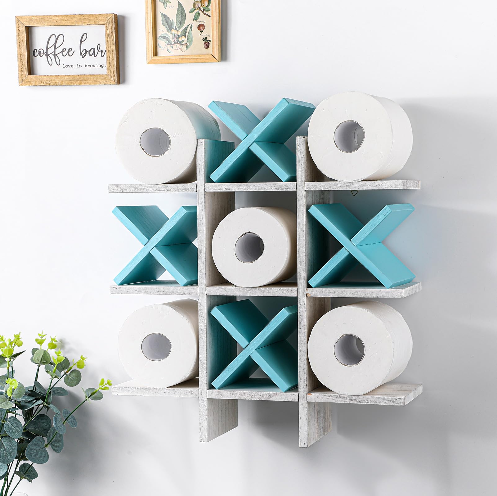 Tic Tac Toe Toilet Paper Holder Stand Bathroom Wall Decor Rustic Wooden Hanging Storage Freestanding Wall Mounted Shelves Decor
