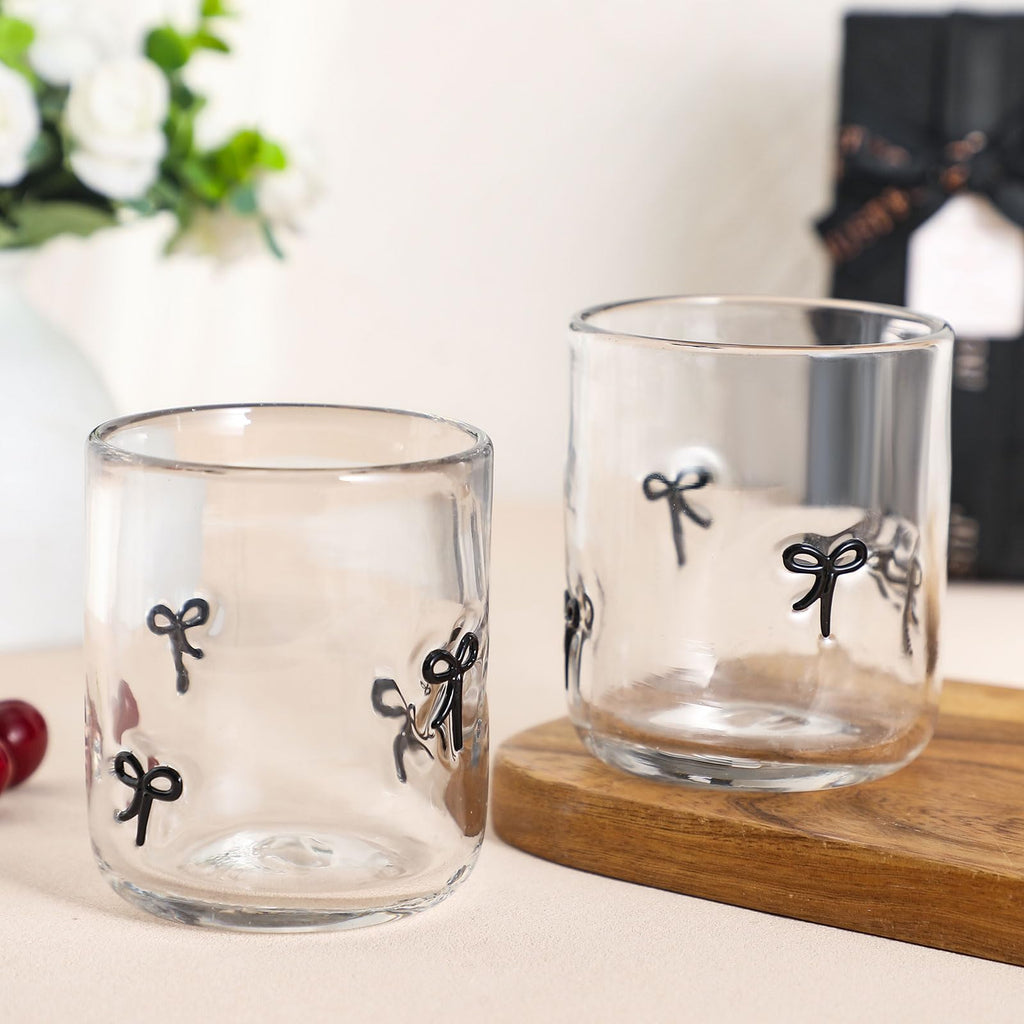 Skylety 2 Pack Bow Icon Juice Glass Coquette Bow Aesthetic Cup 14 ounce Double Old Fashioned Icon Handblown Cocktail glasses for Women Friend Party(Pink)
