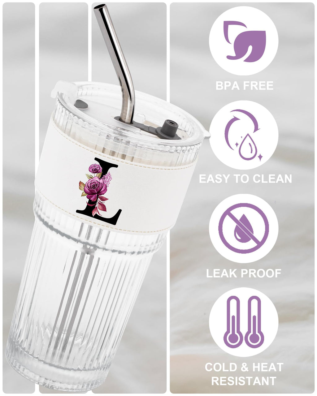 Initial Glass Cup with Lid Straw Ribbed Ice Tea Clear Tumbler Her Sister Coffee Matcha Latte Girlfriend Gf Aunt Best Friend Friendship Bestie Wife Cute Asthetic Unique Birthday Personalized Gift K