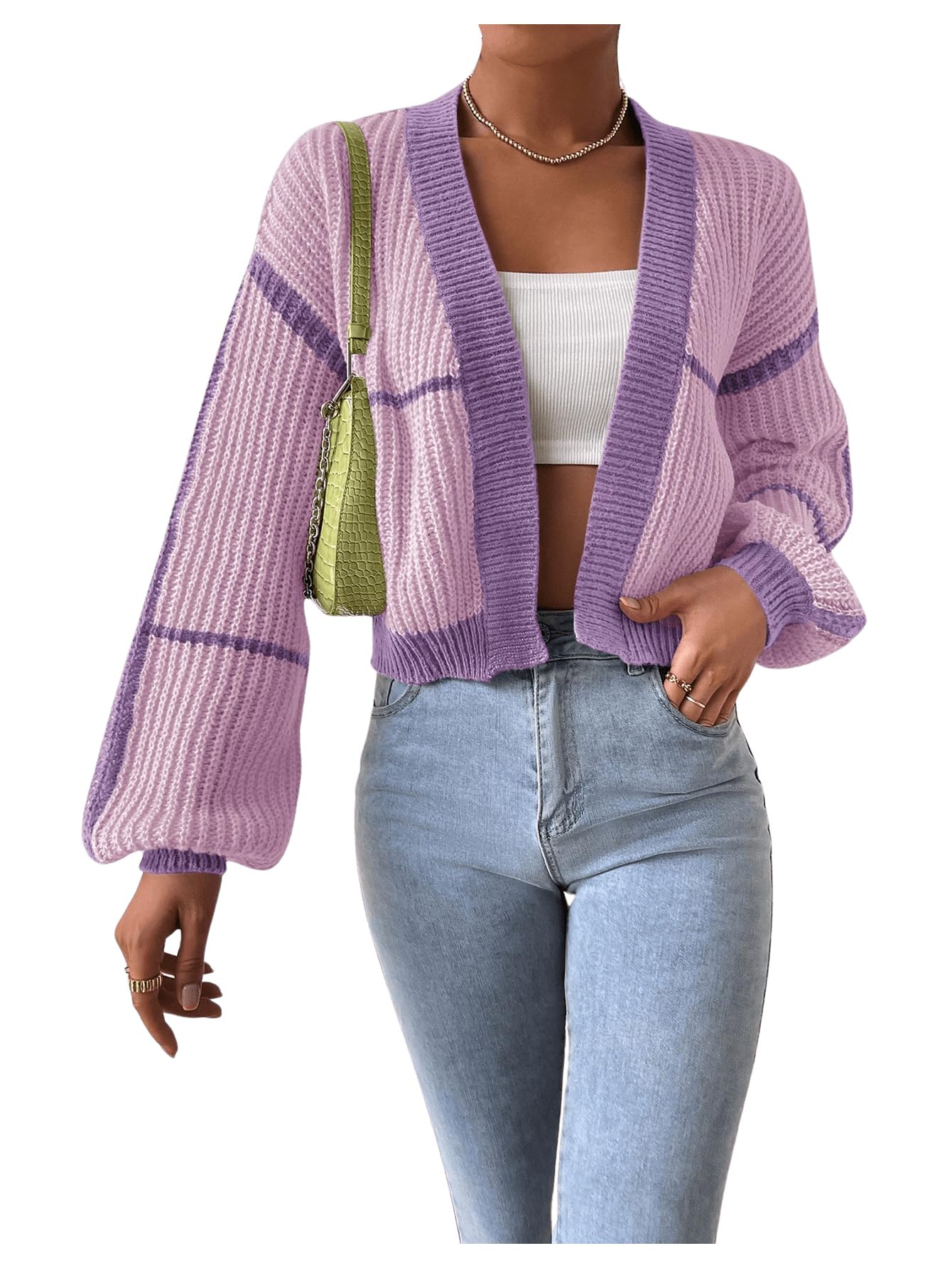 Women's Color Block Crop Cardigan Top Bishop Long Sleeve Open Front Sweater