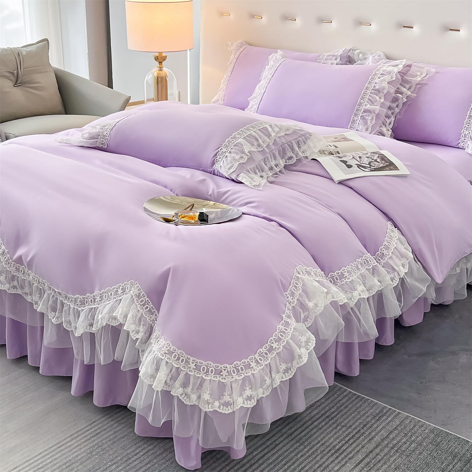 Chic Ruffle Lace Polyester Duvet Cover Set -Bedding-2 Piece Duvet Cover with Zipper Closure -Ultra Soft and Light Weight