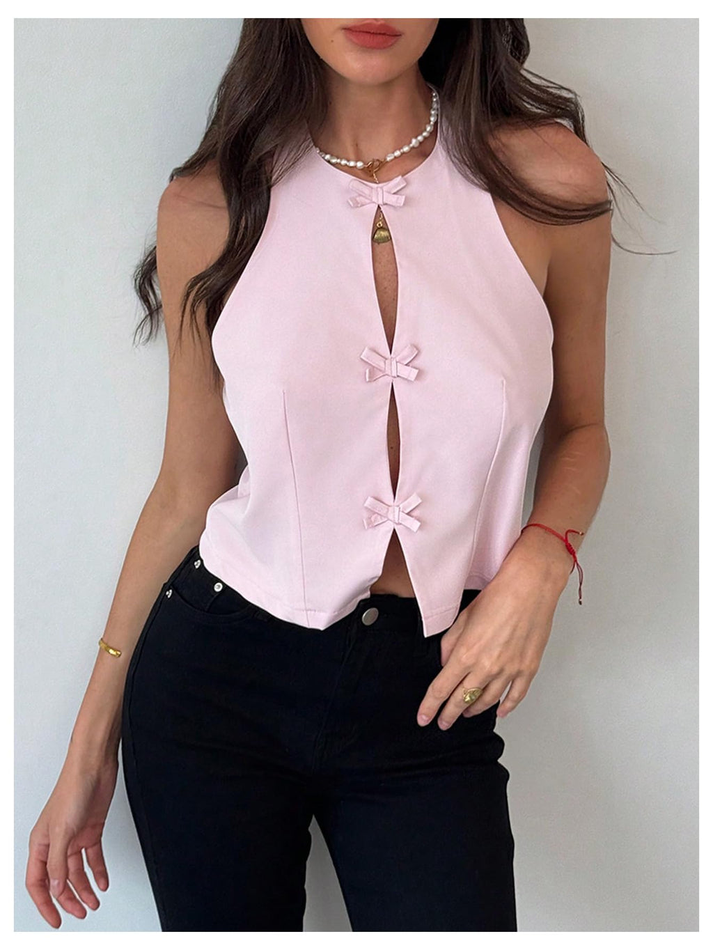 Women's Bow Knot Backless Halter Top Y2k Cut Out Split Hem Sleeveless Tops