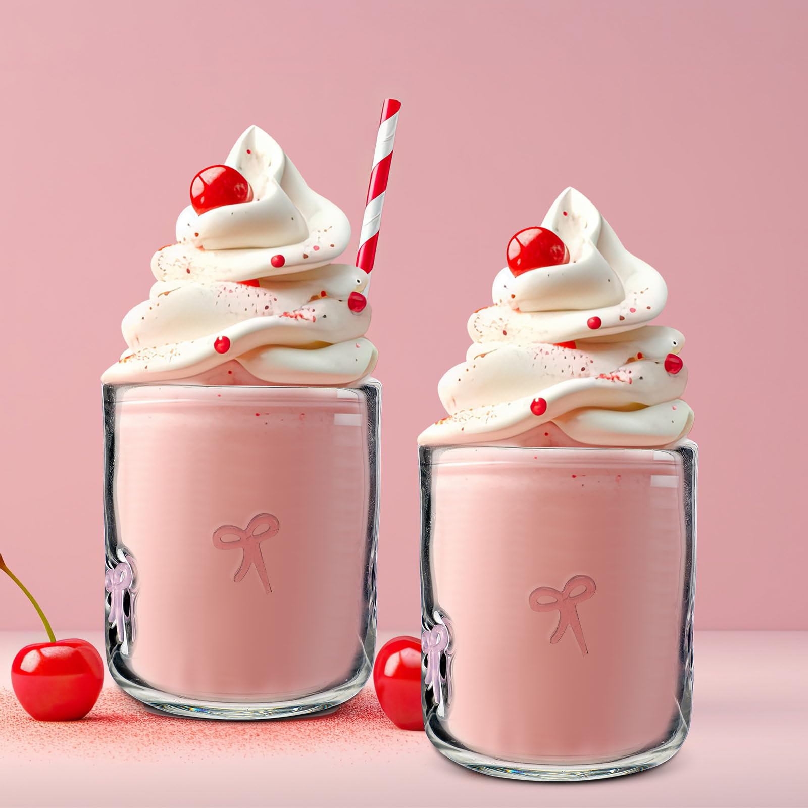 Skylety 2 Pack Bow Icon Juice Glass Coquette Bow Aesthetic Cup 14 ounce Double Old Fashioned Icon Handblown Cocktail glasses for Women Friend Party(Pink)